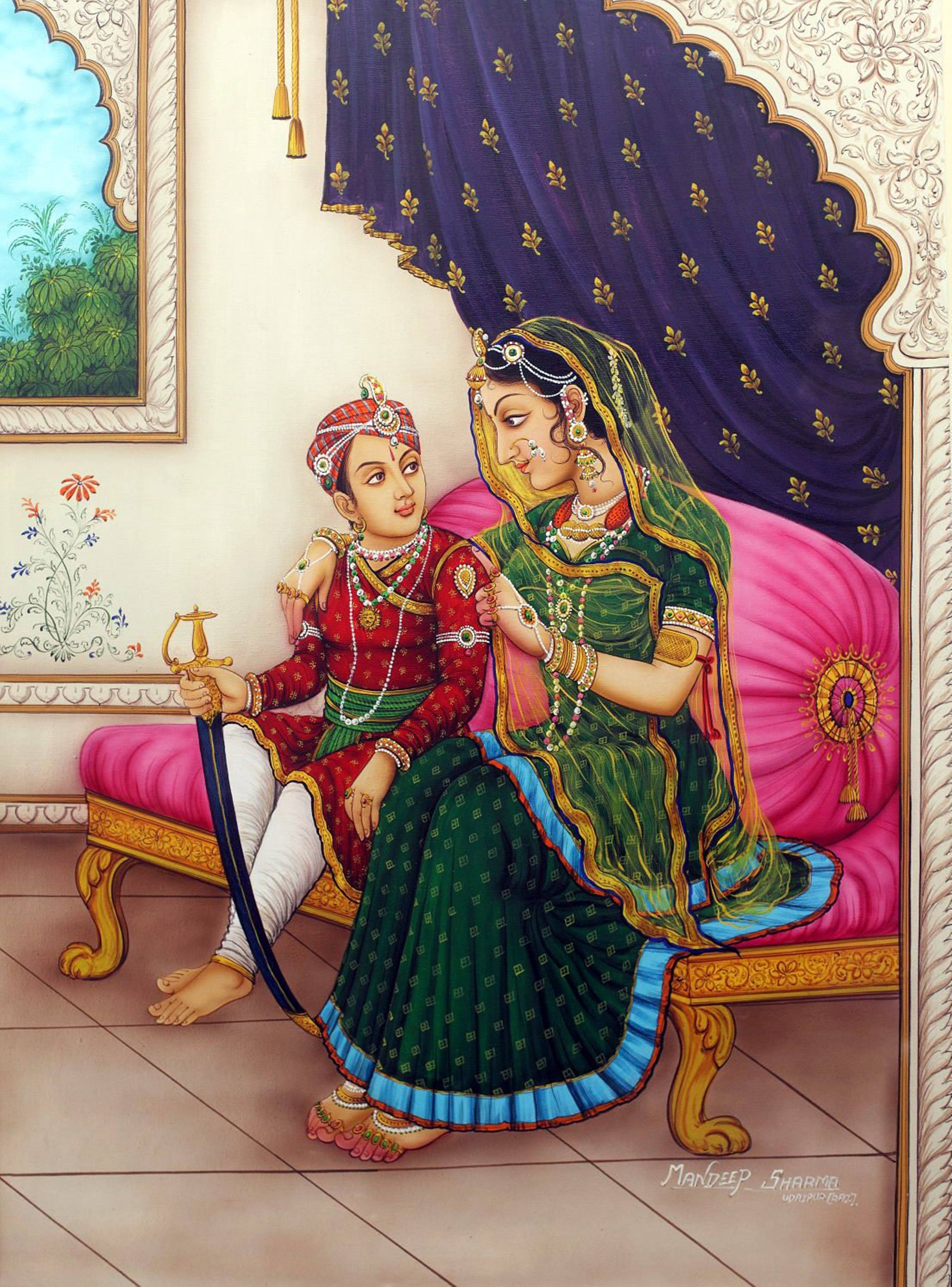Maharana Pratap, his mother, green and gold attire, 5K Phone Wallpaper