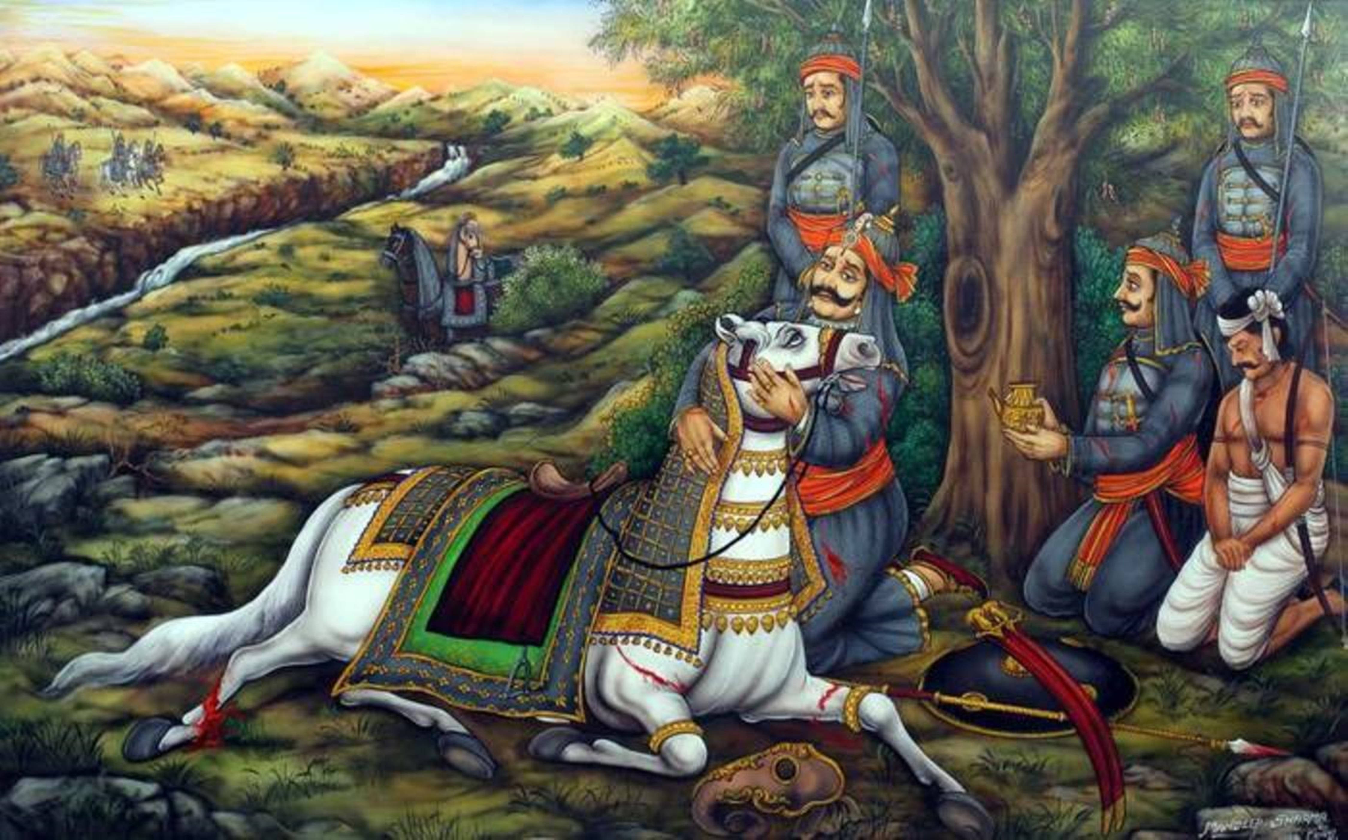 Maharana Pratap, poor white horse, sunlit mountain valley, 4K Desktop Wallpaper