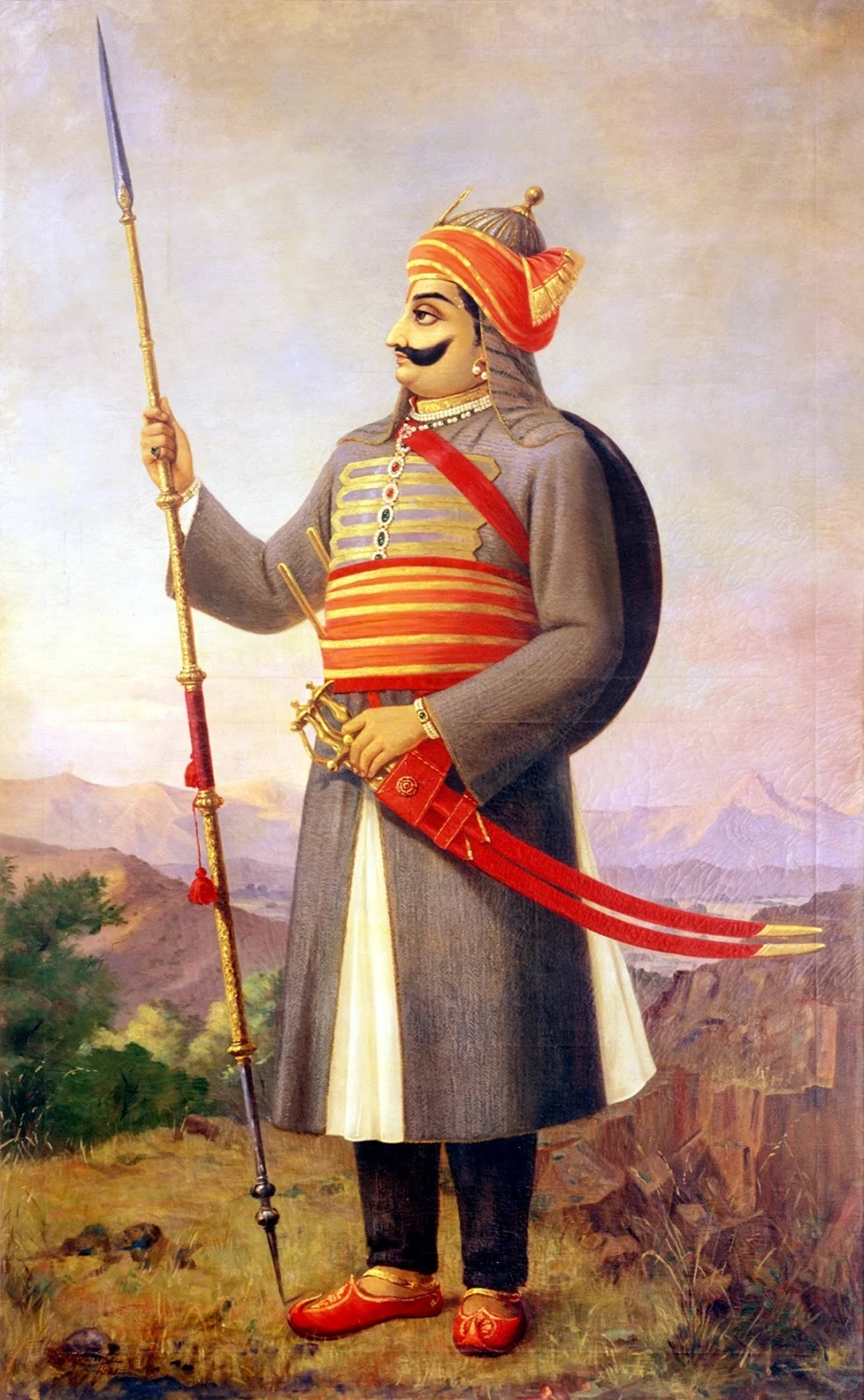 Maharana Pratap, red and gold uniform, spear, 5K Phone Wallpaper
