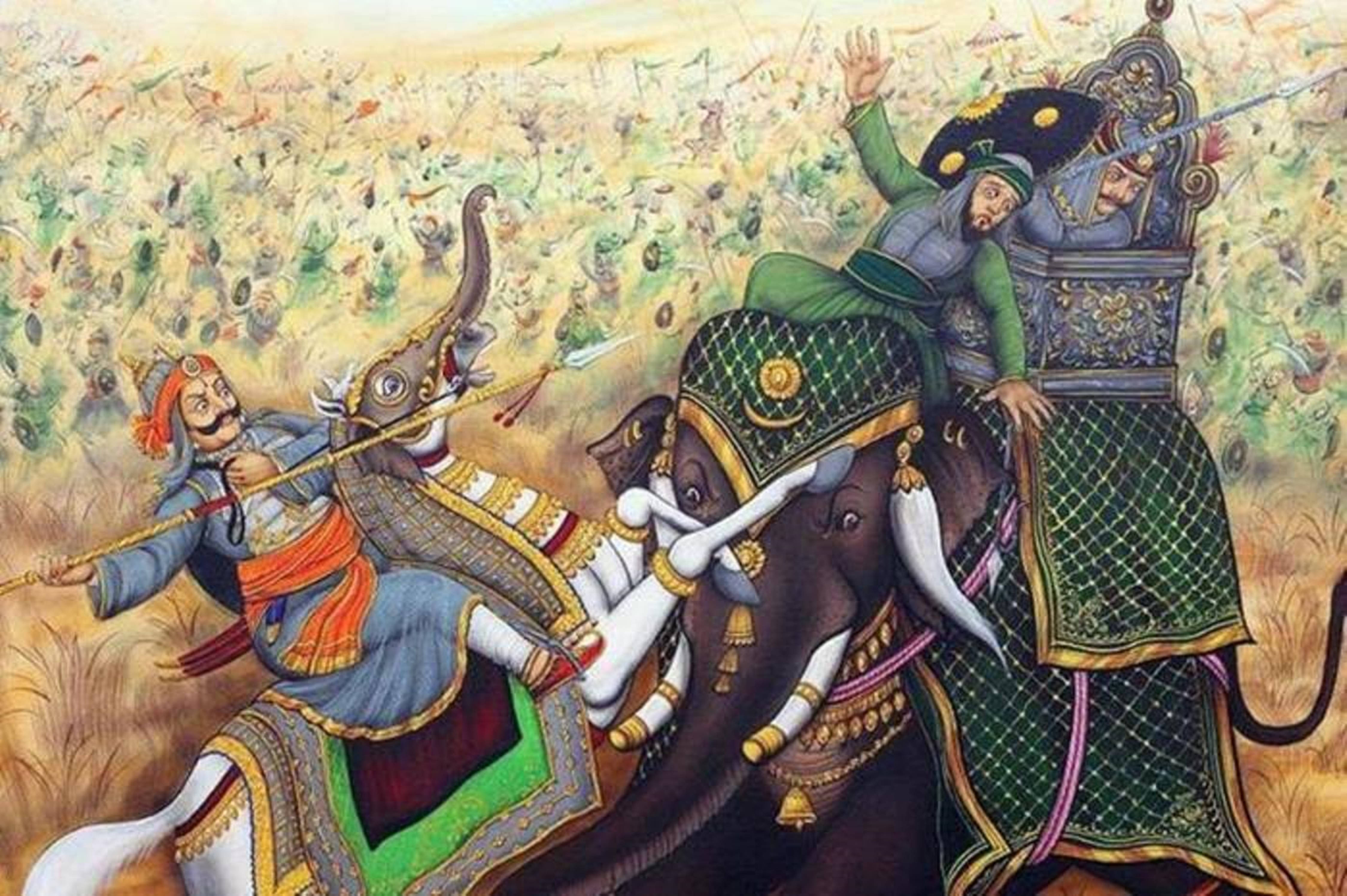 Maharana Pratap, intense battle scene, ornate elephants, 4K Desktop Wallpaper