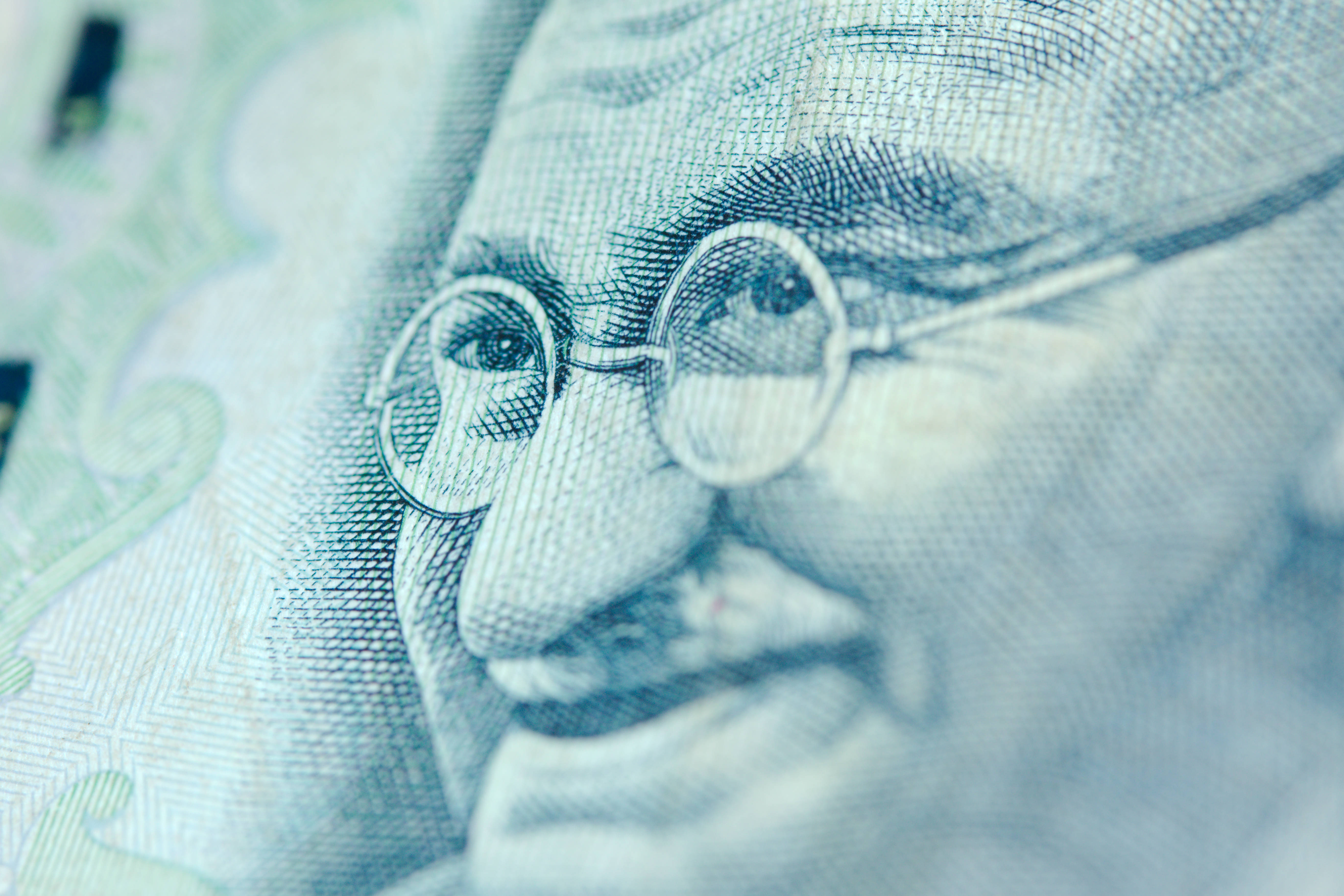 Mahatma Gandhi, monochrome portrait, currency, 5K Desktop Wallpaper