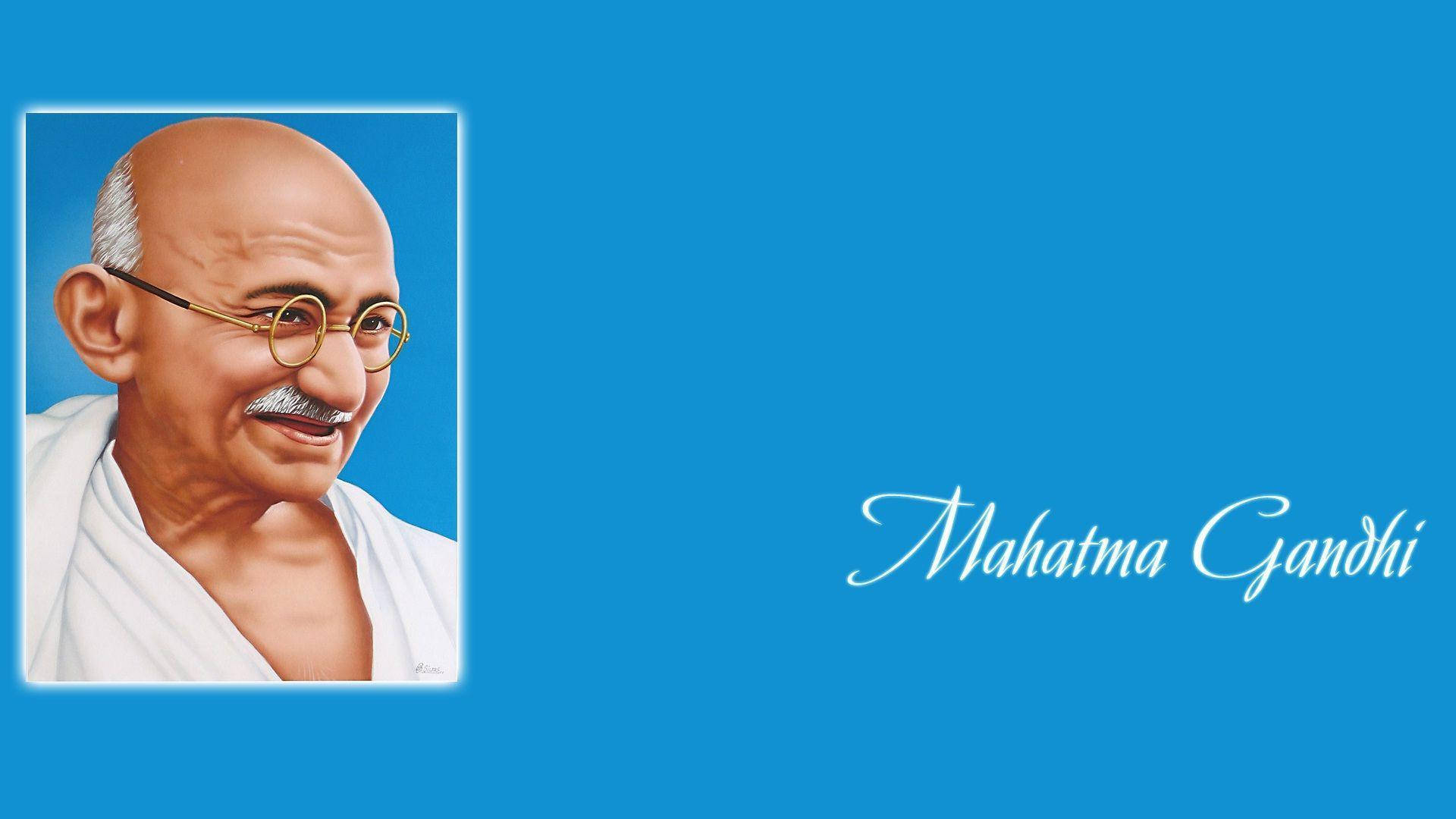 Mahatma Gandhi, white dhoti, solid blue background, Full HD Desktop Wallpaper