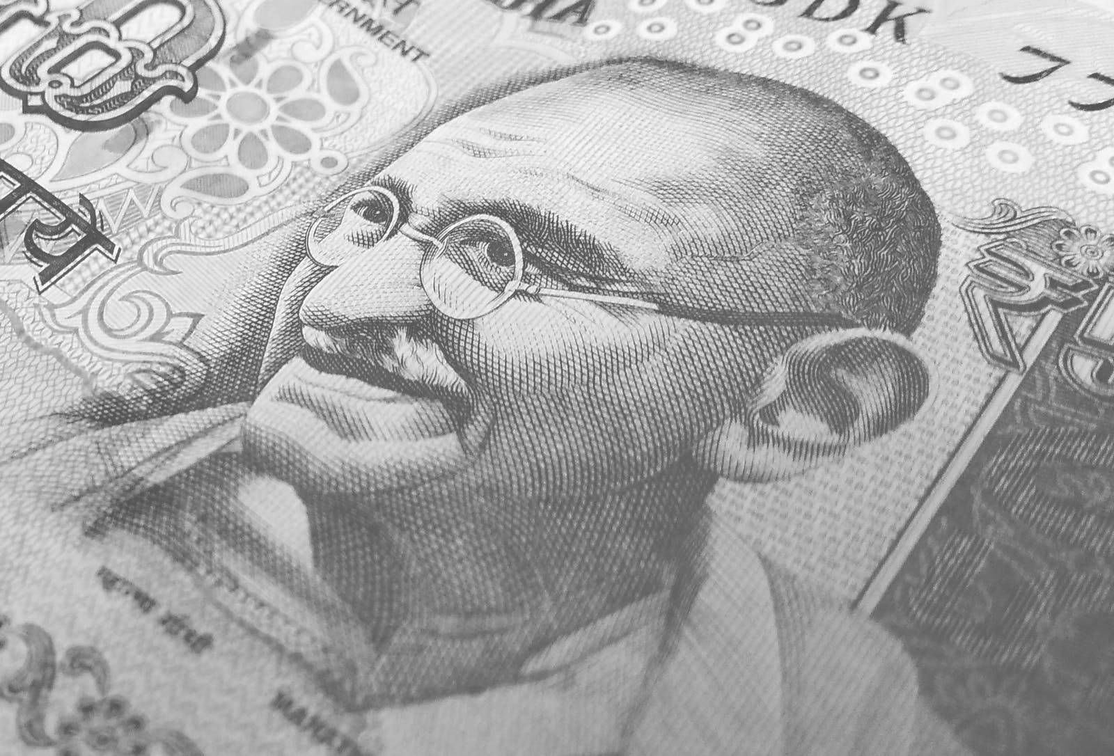 Mahatma Gandhi, Indian rupee banknote, intricate engraved details, HD Desktop Wallpaper
