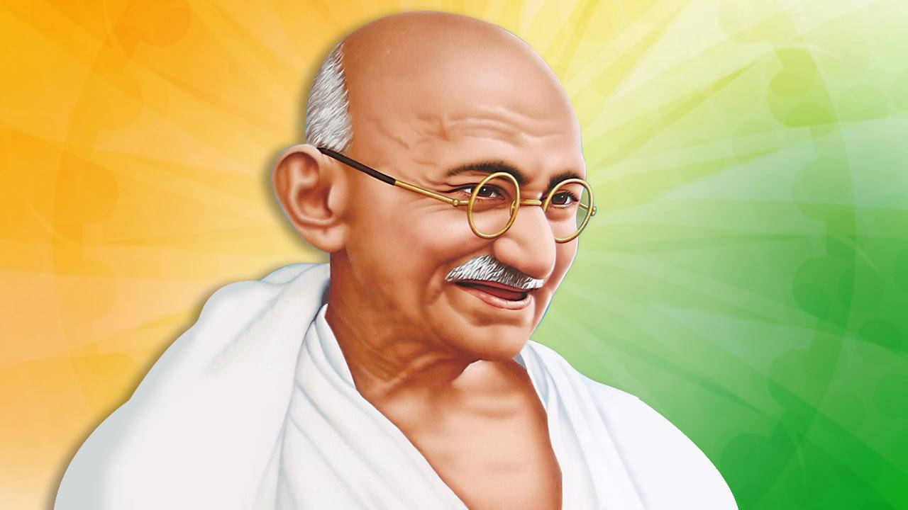 Mahatma Gandhi, radiant portrait, vibrant yellow and green gradient background, HD Desktop Wallpaper