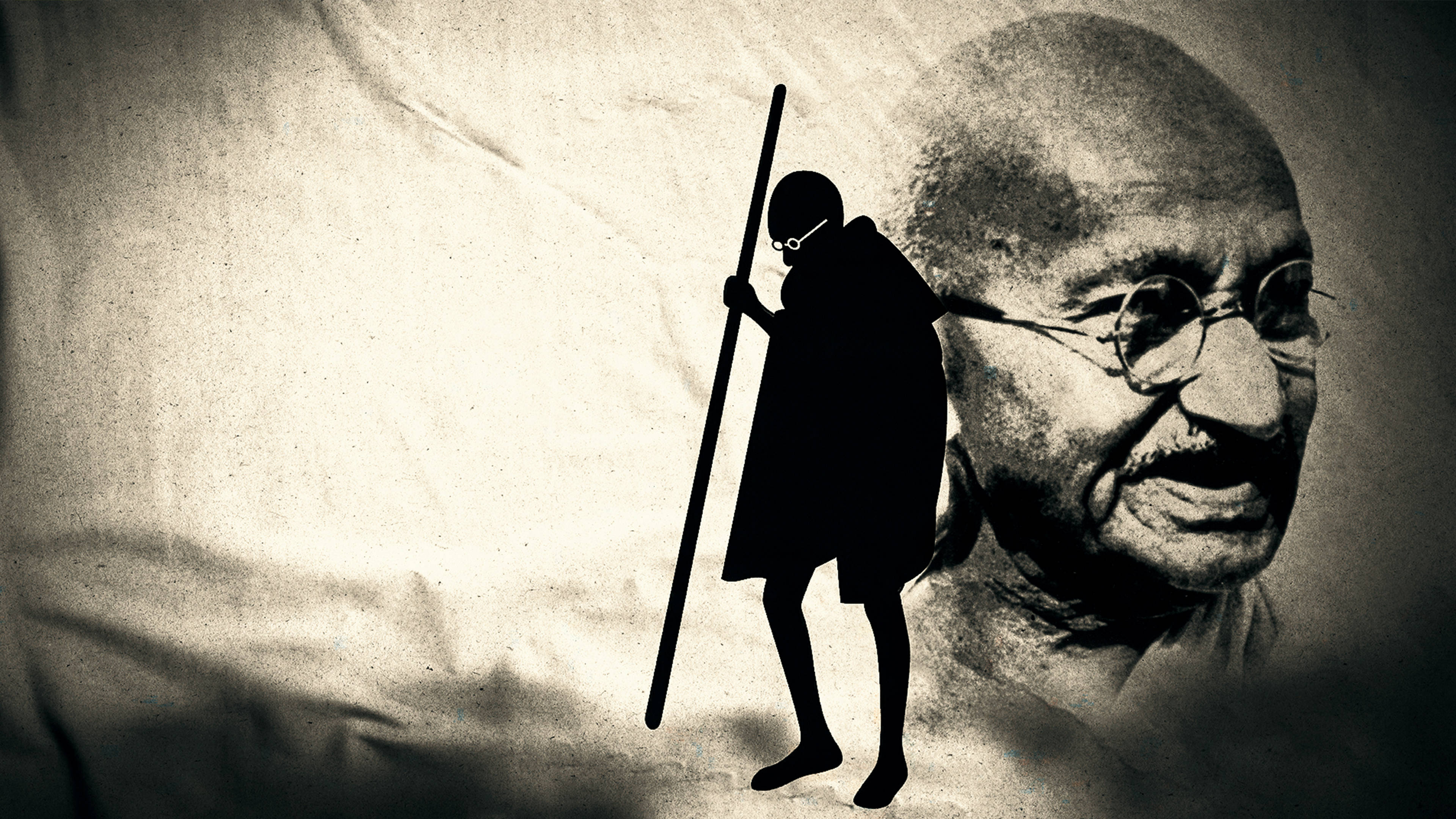 Mahatma Gandhi, black silhouette, staff, 4K Desktop Wallpaper