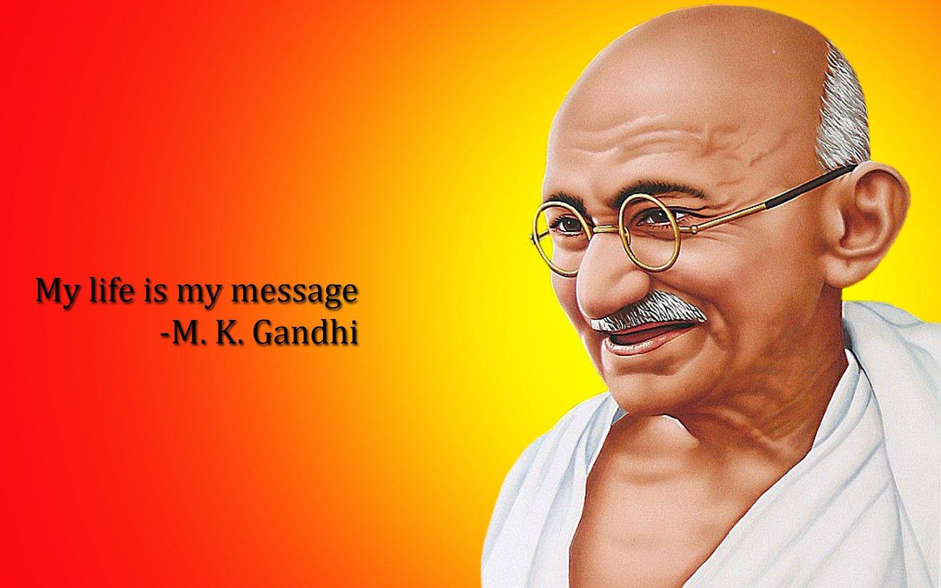Mahatma Gandhi, orange yellow gradient background, smiling warmly, Full HD Desktop Wallpaper