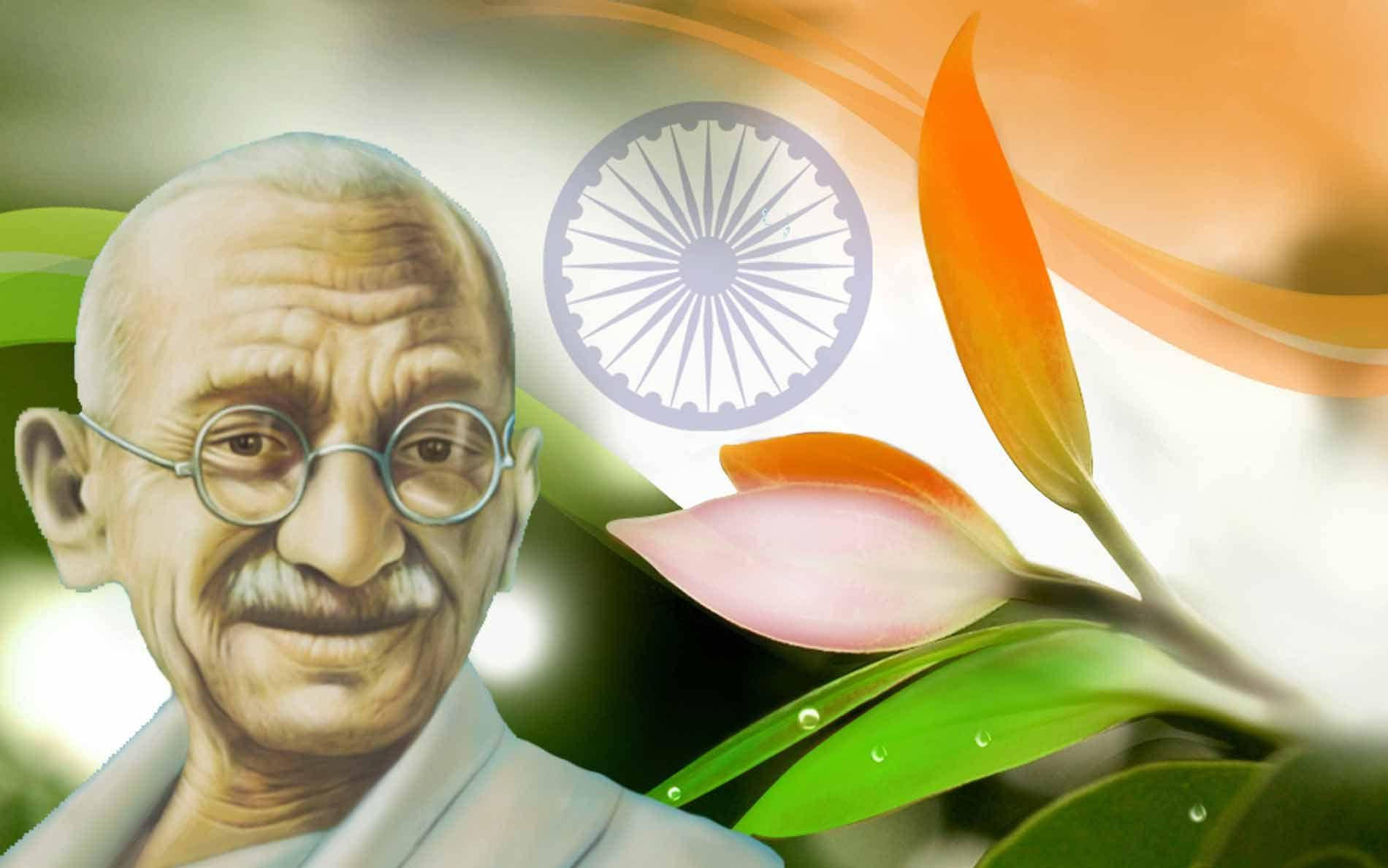 Mahatma Gandhi, Indian flag motif, blooming lotus, HD Desktop Wallpaper