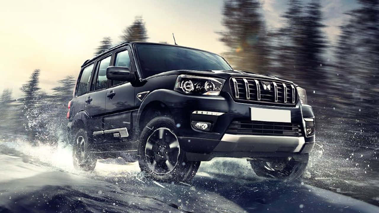 Mahindra Scorpio, black SUV, snowy terrain, HD Desktop Wallpaper