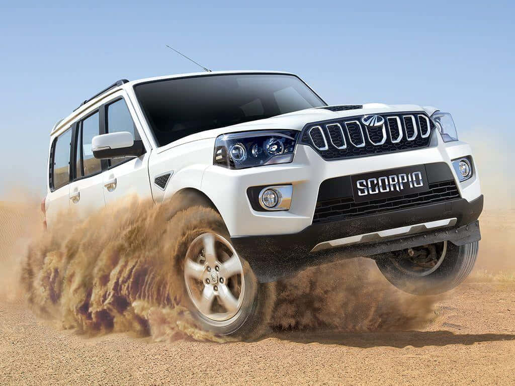 Mahindra Scorpio, white, dusty desert terrain, SD Desktop Wallpaper