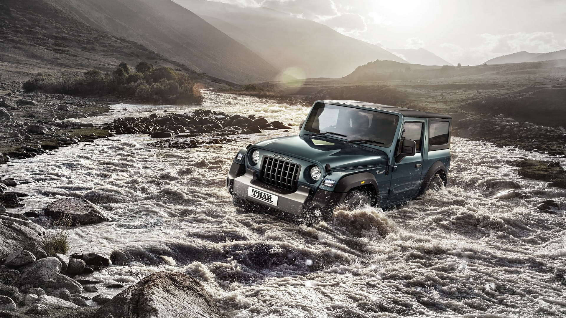 Green Mahindra Thar 2021, river, rocky mountain river, Full HD Desktop Wallpaper