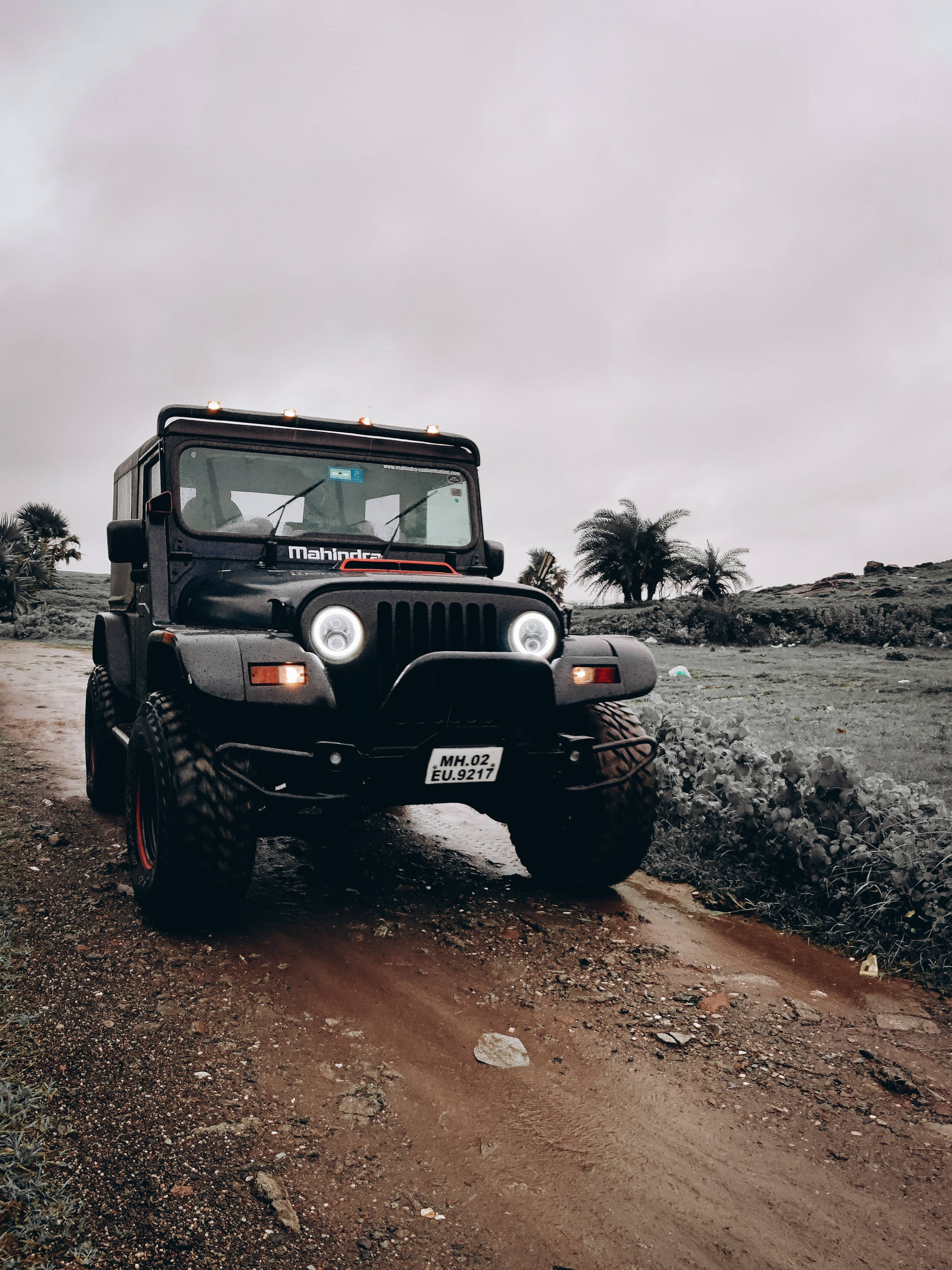 Mahindra Thar 2021, black, glowing headlights, 2K Phone Wallpaper