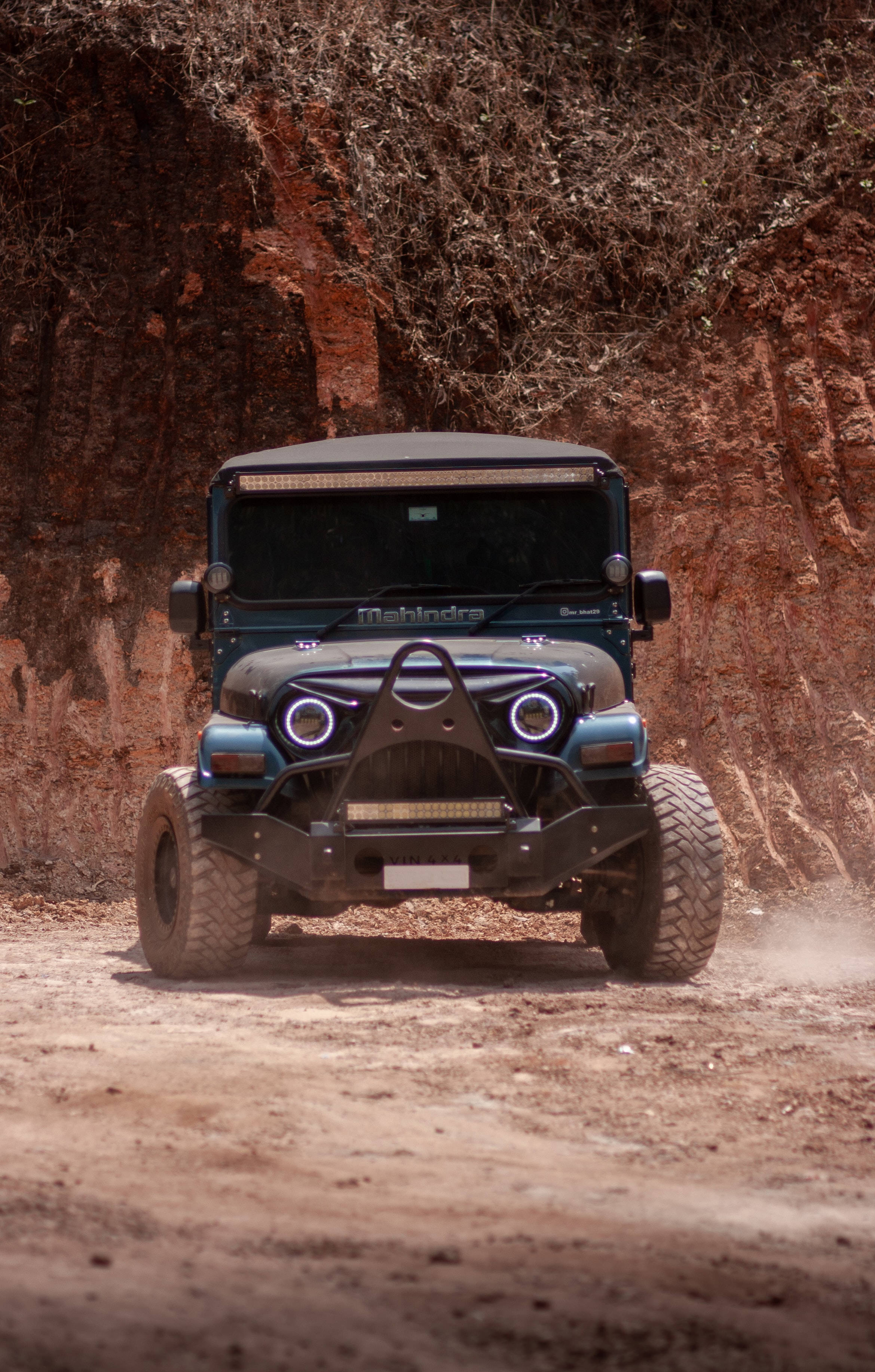 Mahindra Thar 2021, blue, glowing headlights, 2K Phone Wallpaper