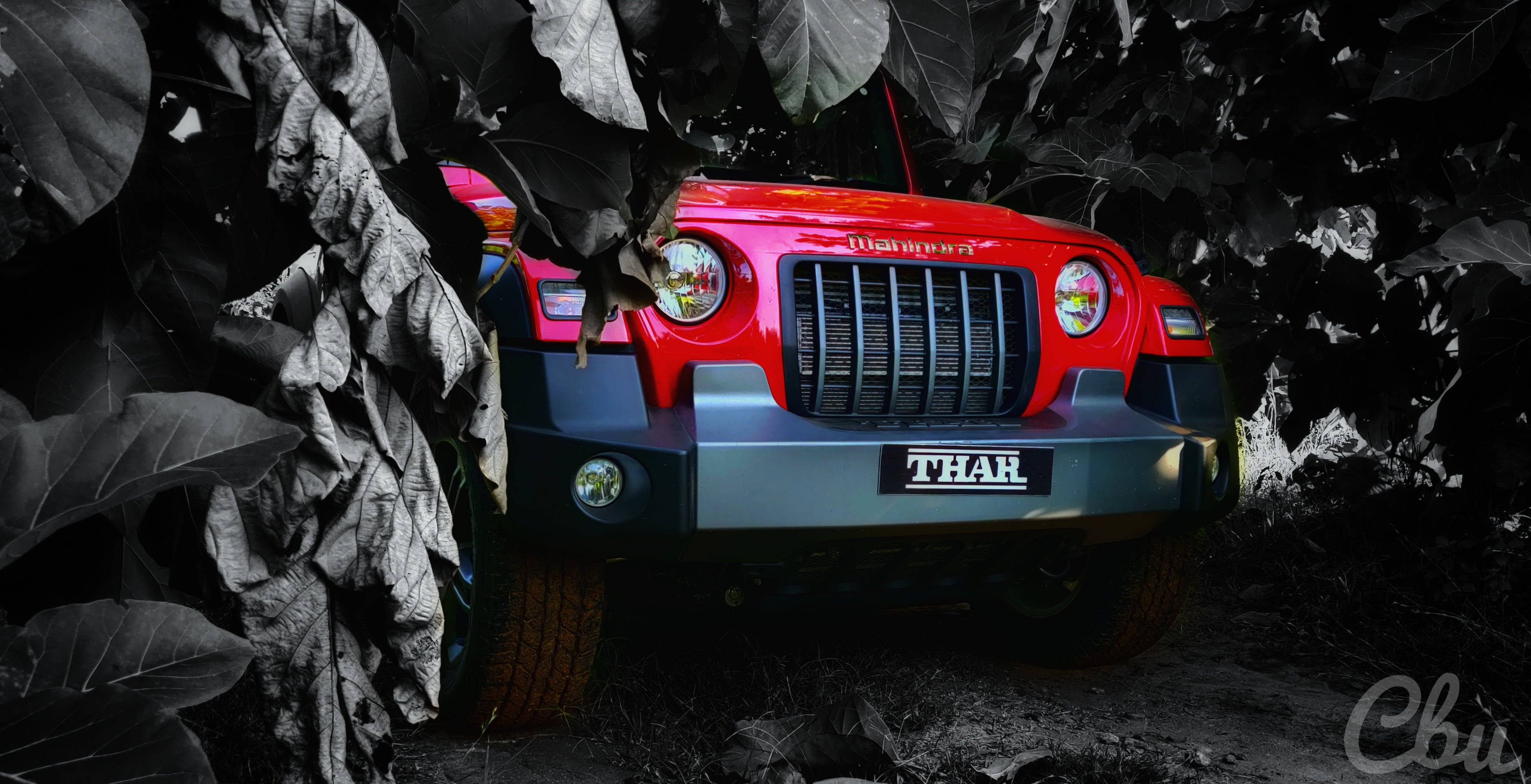 Red Thar, Mahindra Thar 2021, dark trees, 2K Desktop Wallpaper
