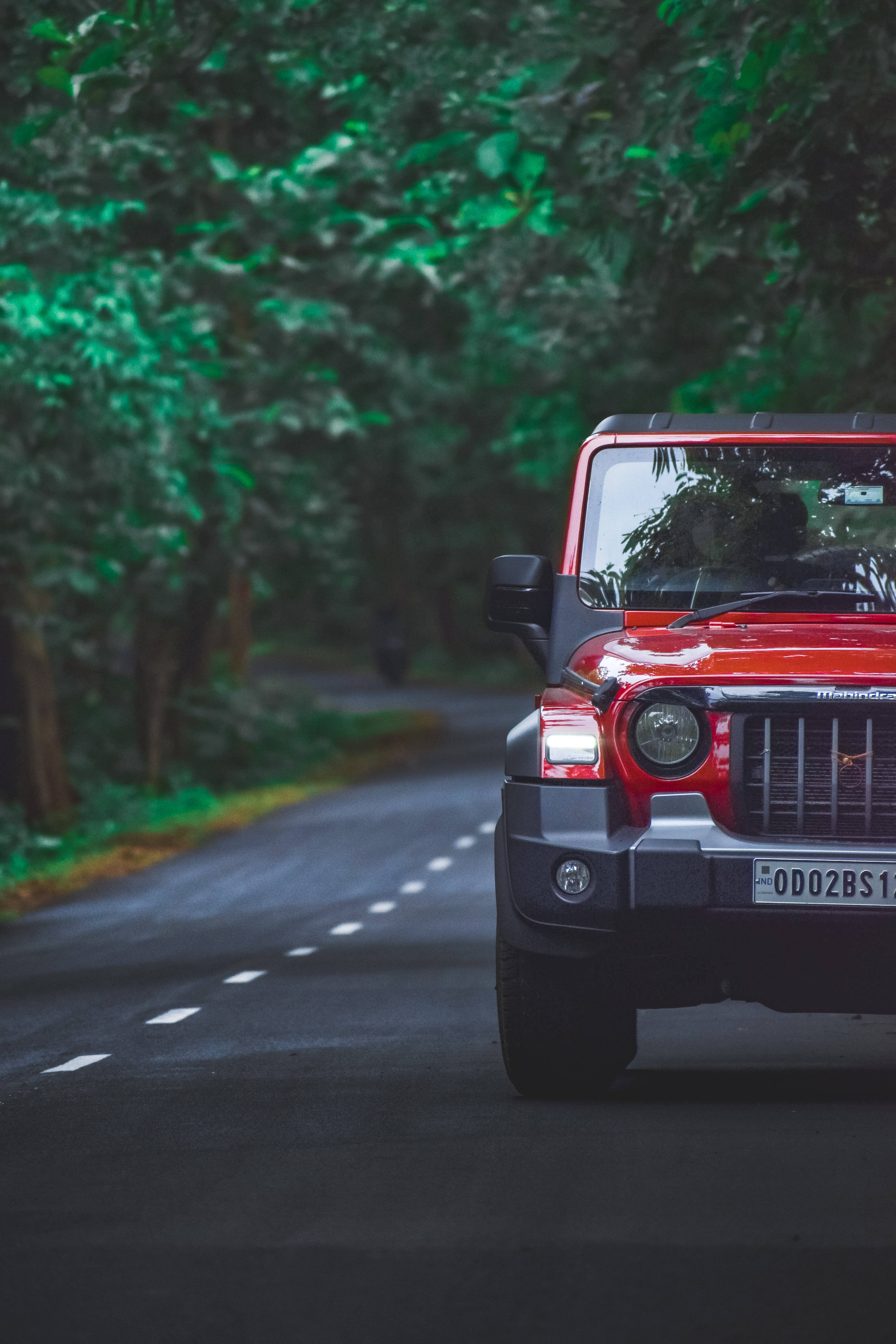 Red Thar, off-road vehicle, winding forest road, 5K Phone Wallpaper