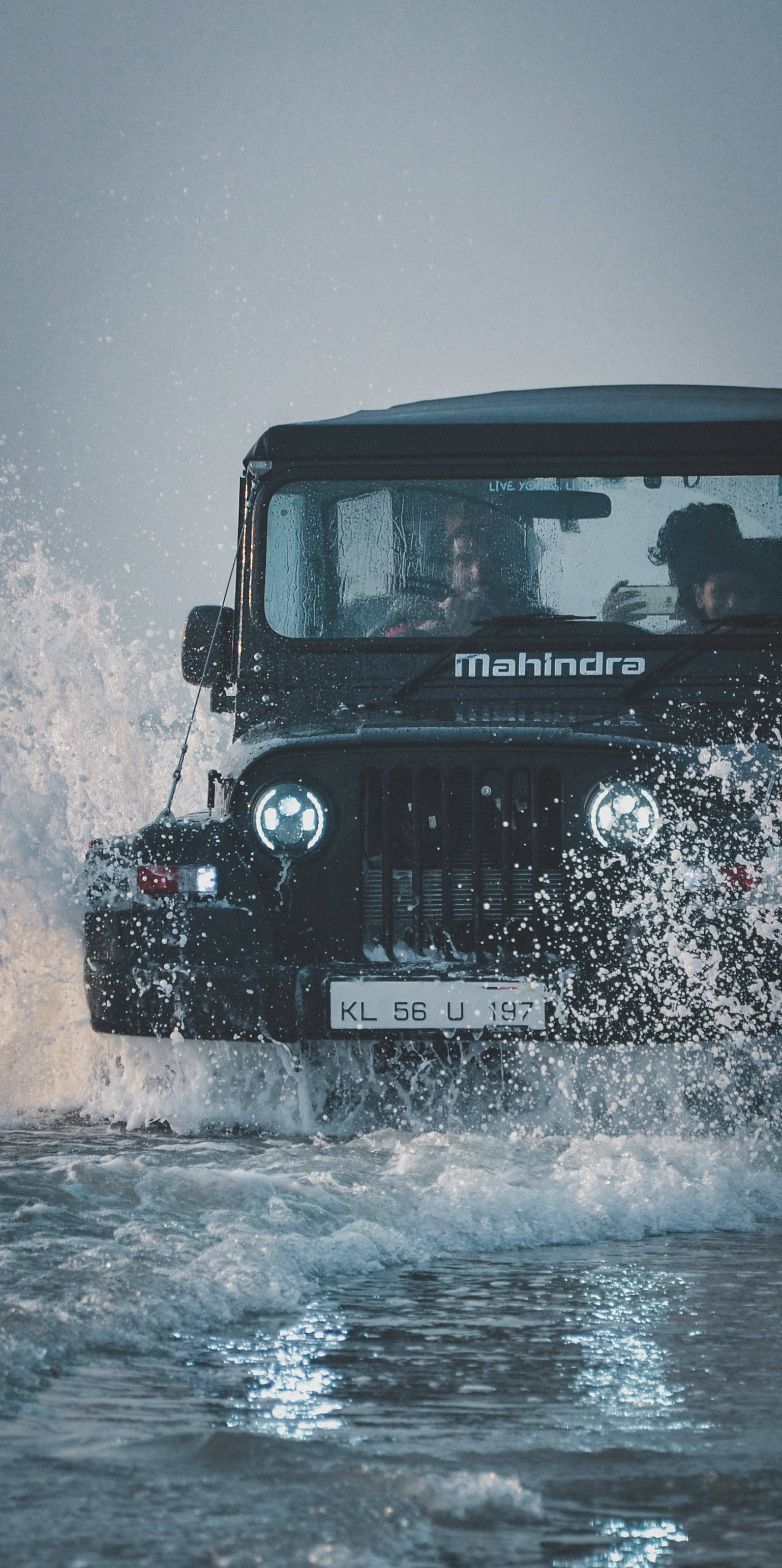 Mahindra Thar 2021, black, shallow water, 2K Phone Wallpaper