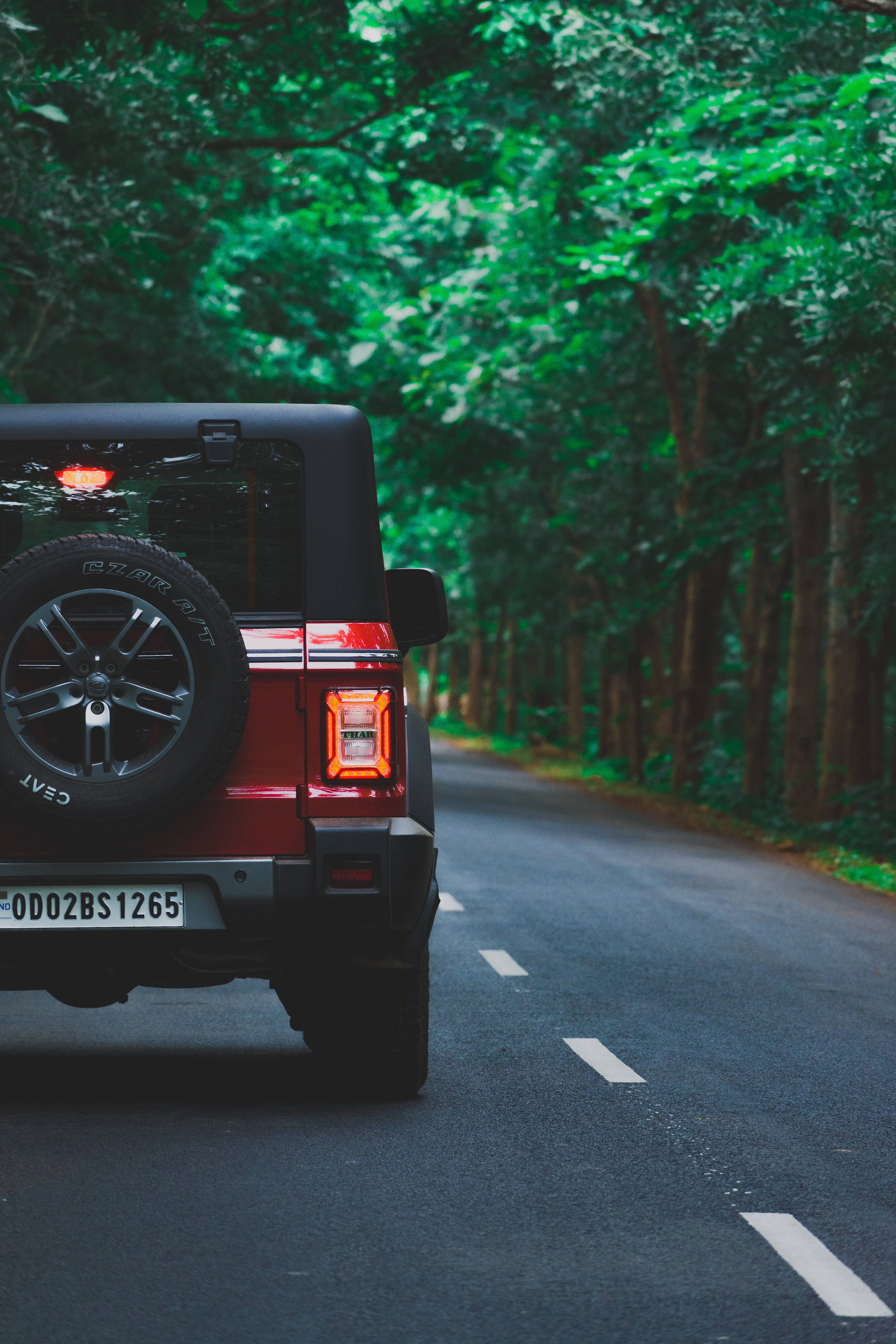 Thar, red jeep, winding forest road, 5K Phone Wallpaper