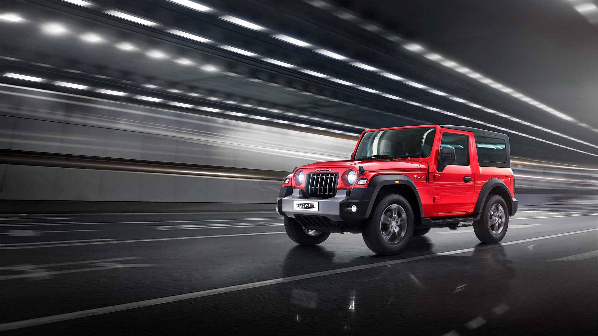 Mahindra Thar 2021, vibrant red, sleek tunnel, Full HD Desktop Wallpaper