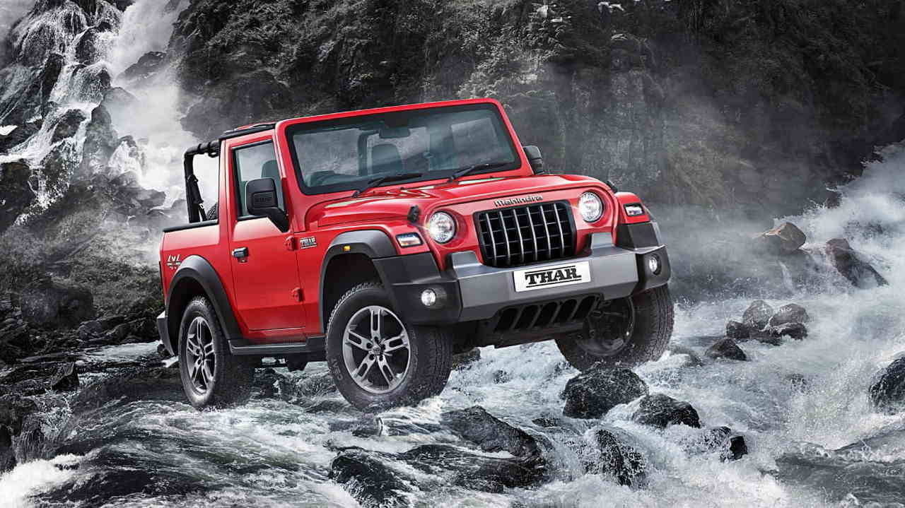 Mahindra Thar 2021, red, rocky river, HD Desktop Wallpaper