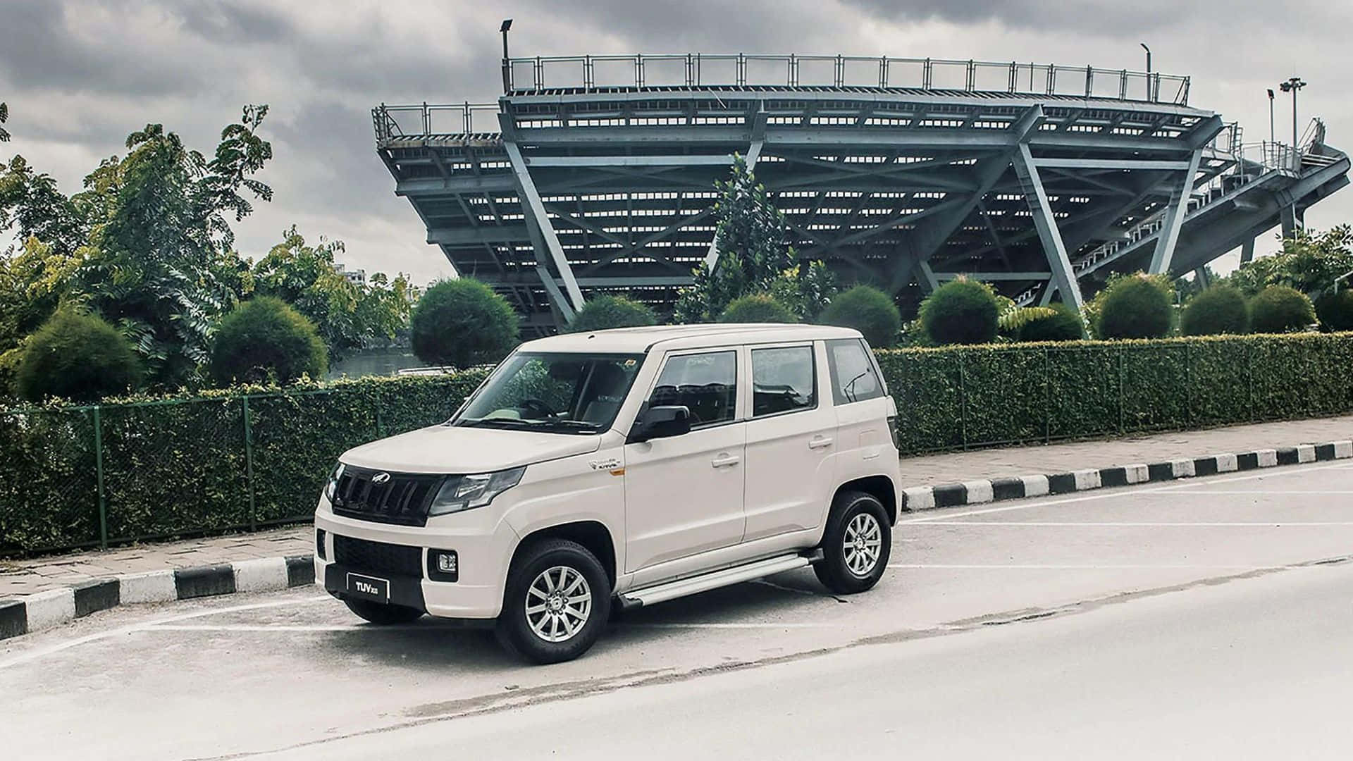 Mahindra Tuv300, white SUV, modern stadium, Full HD Desktop Wallpaper