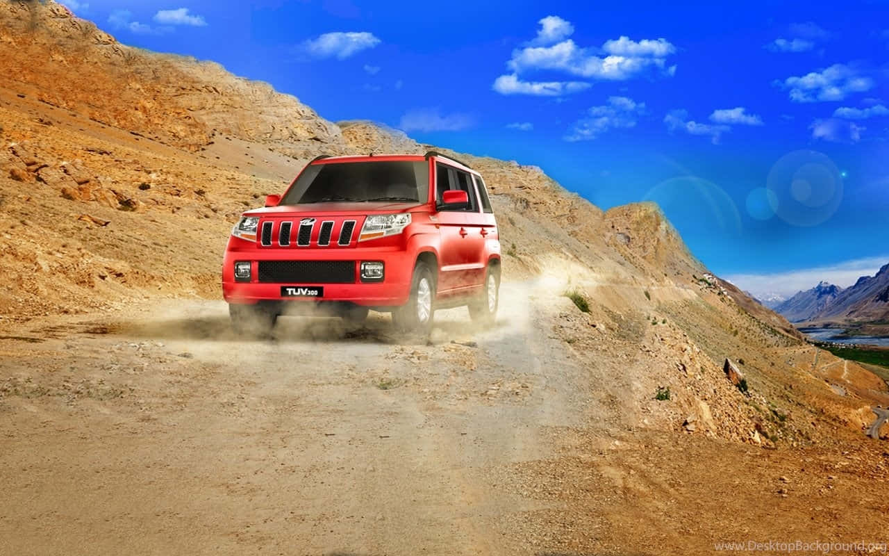 Mahindra TUV300, red SUV, rugged mountain dirt road, HD Desktop Wallpaper