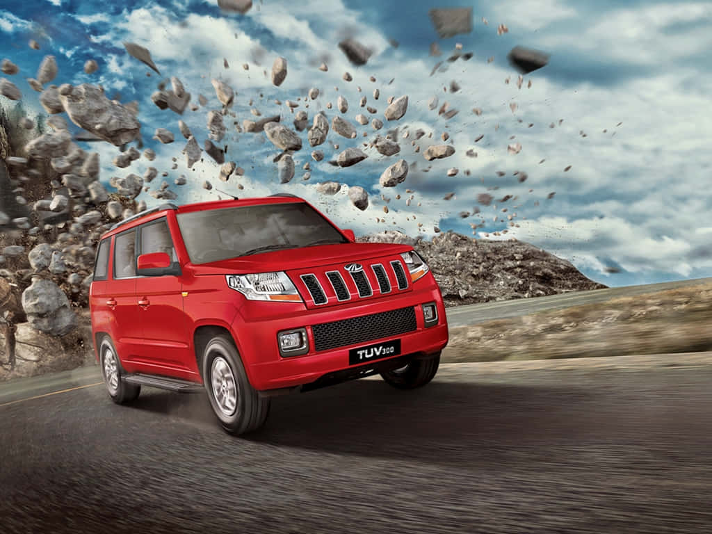 Mahindra TUV300, vibrant red, rocky terrain, SD Desktop Wallpaper