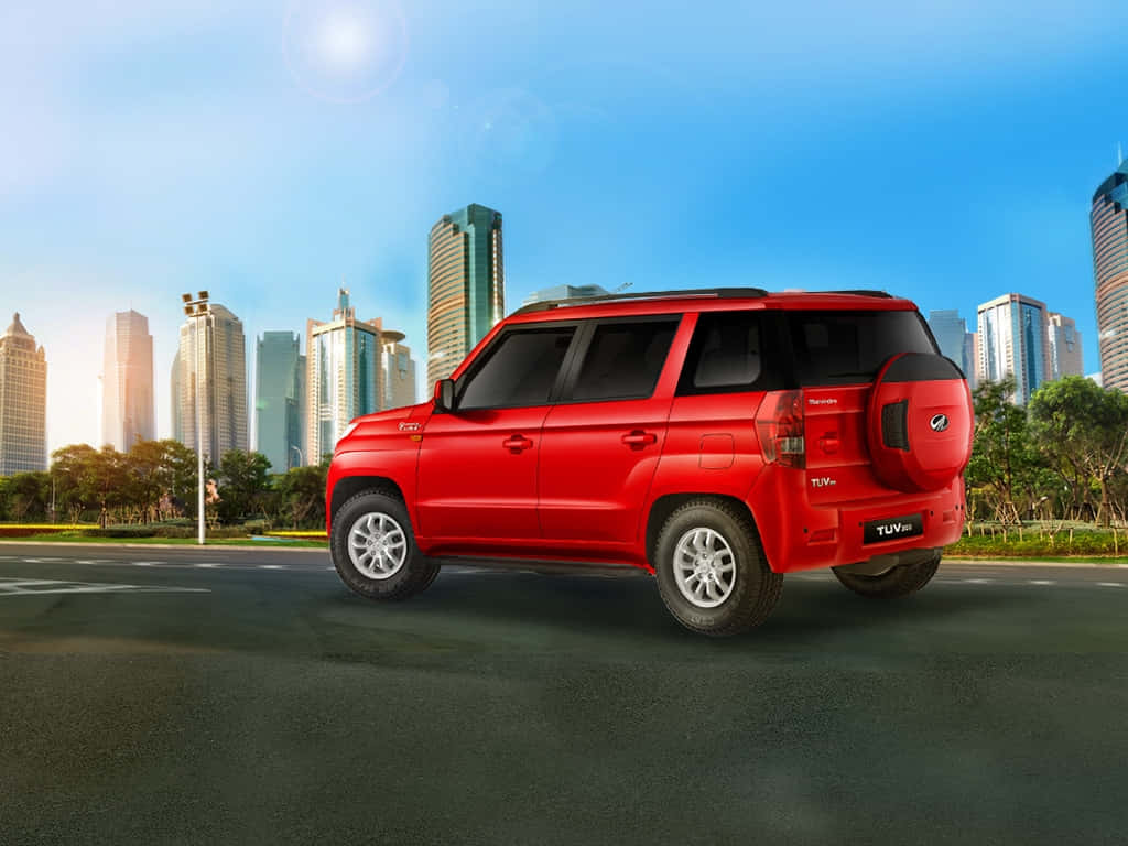 Red Mahindra TUV300, urban backdrop, city street, SD Desktop Wallpaper