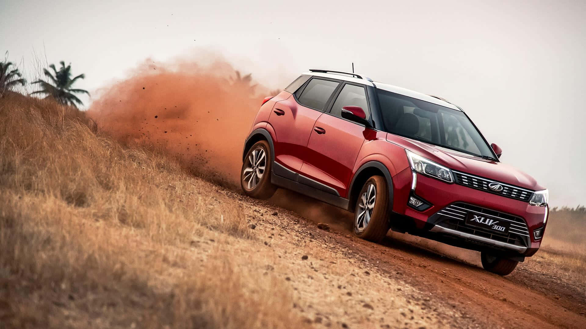 Mahindra XUV300, vibrant red, dry grassy hillside, Full HD Desktop Wallpaper
