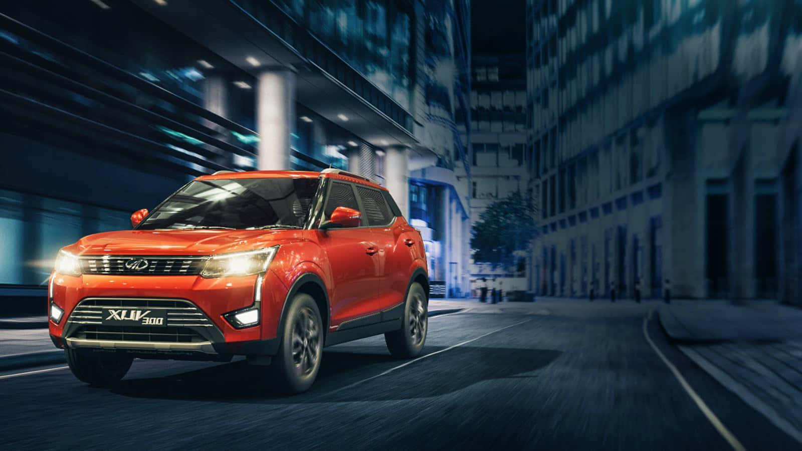 Mahindra XUV300, neon-lit urban street, night, HD Desktop Wallpaper
