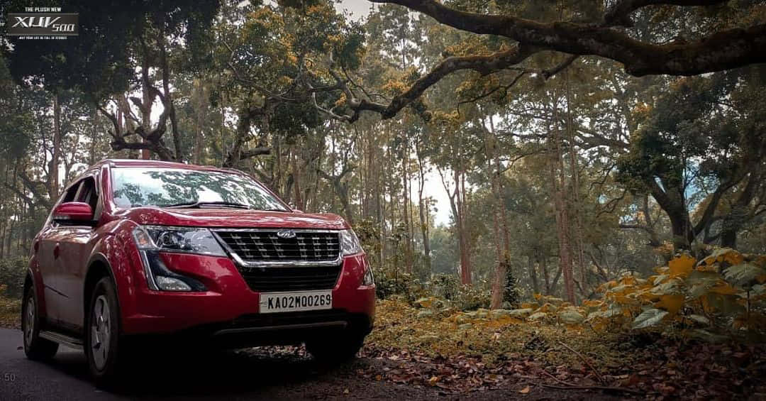 Mahindra XUV500, vibrant red, forest road, SD Desktop Wallpaper