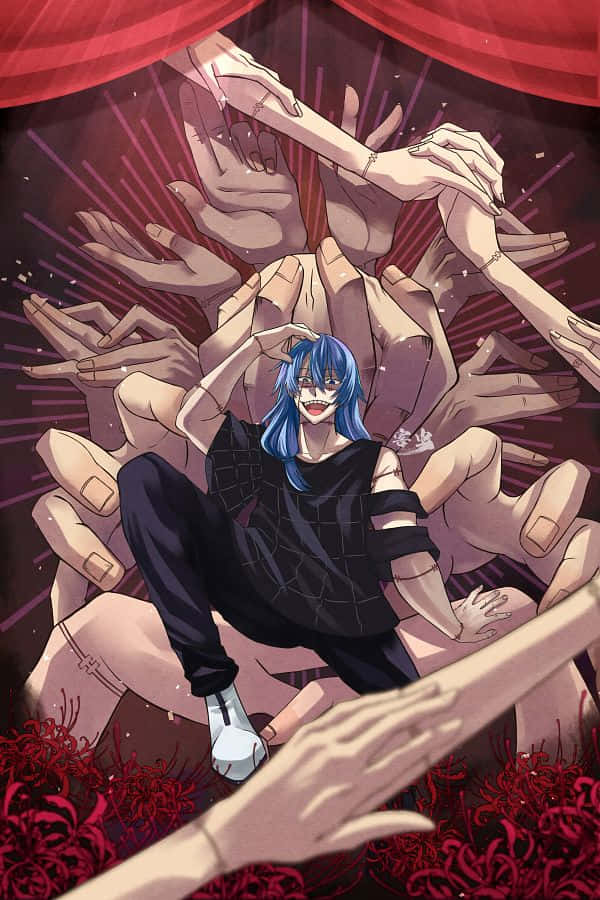 Mahito, blue-haired anime character, pale hands, SD Phone Wallpaper