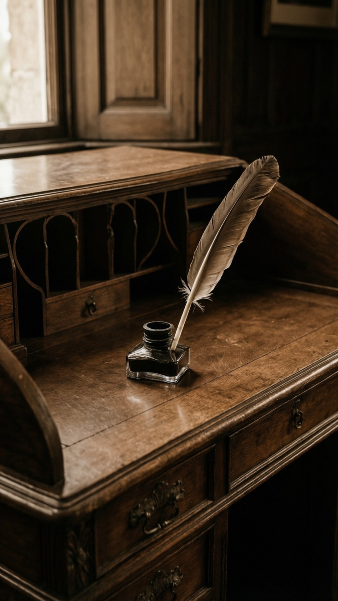 mahogany, antique writing desk, classic writing tools, Full HD Phone Wallpaper