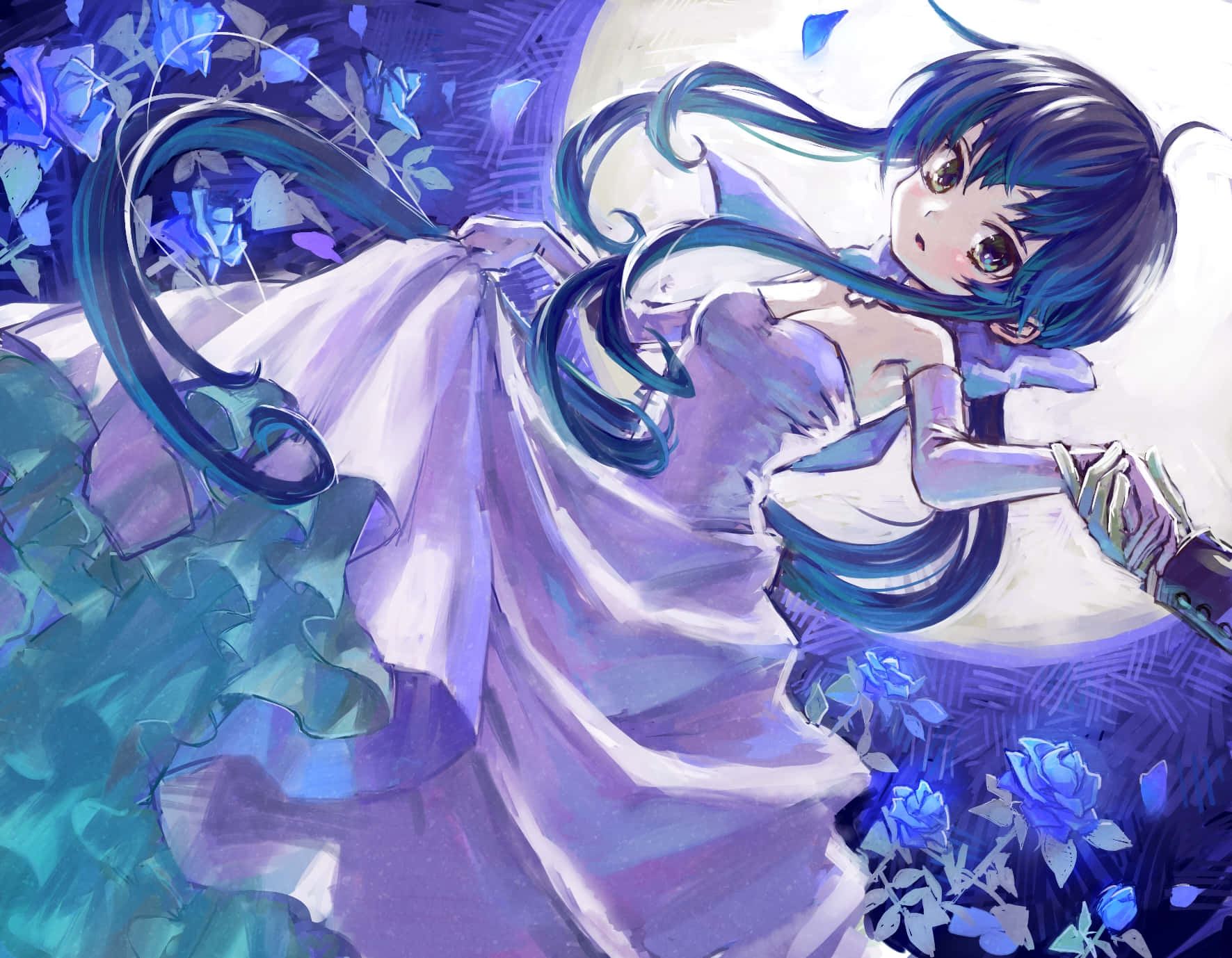 Mai Kawasumi, blue-haired anime girl, flowing white dress, HD Desktop Wallpaper