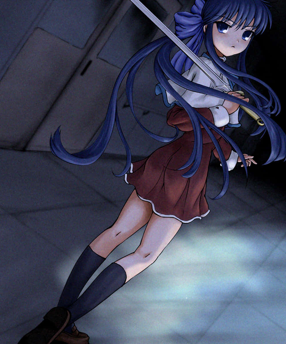 Mai Kawasumi, sword stance, blue-haired, SD Phone Wallpaper