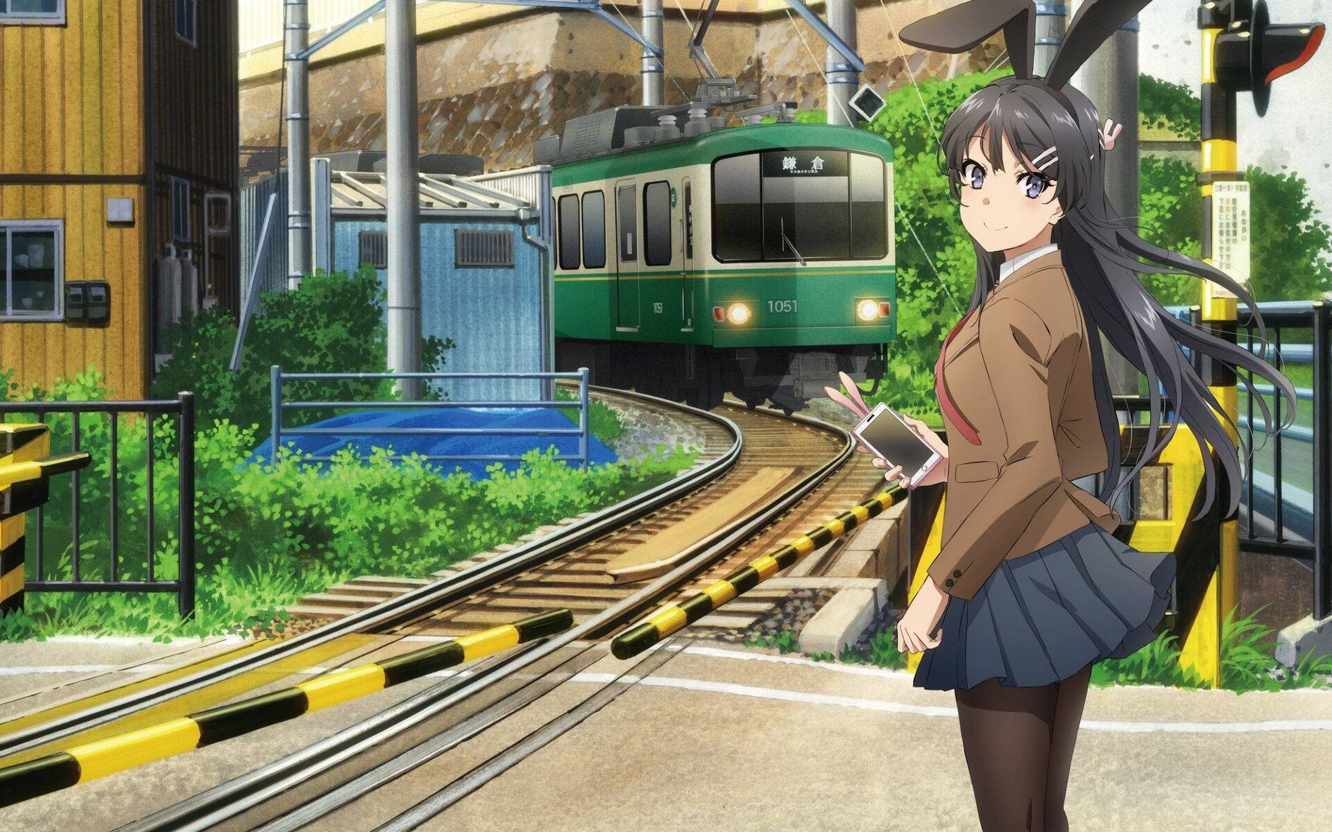 Mai Sakurajima, bunny ears, railway crossing, Full HD Desktop Wallpaper