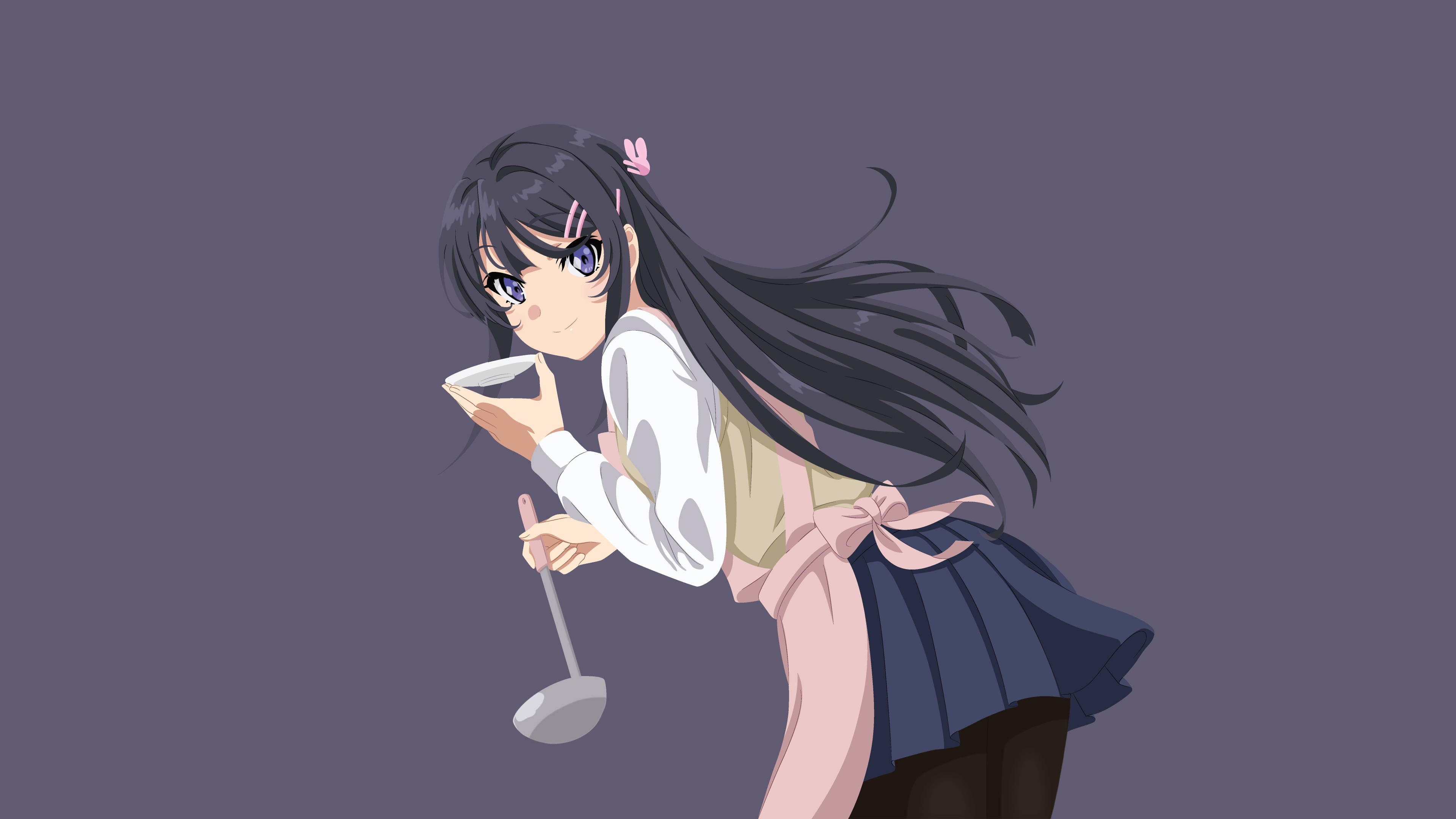 Mai Sakurajima, pink apron, long black hair, 4K Desktop Wallpaper