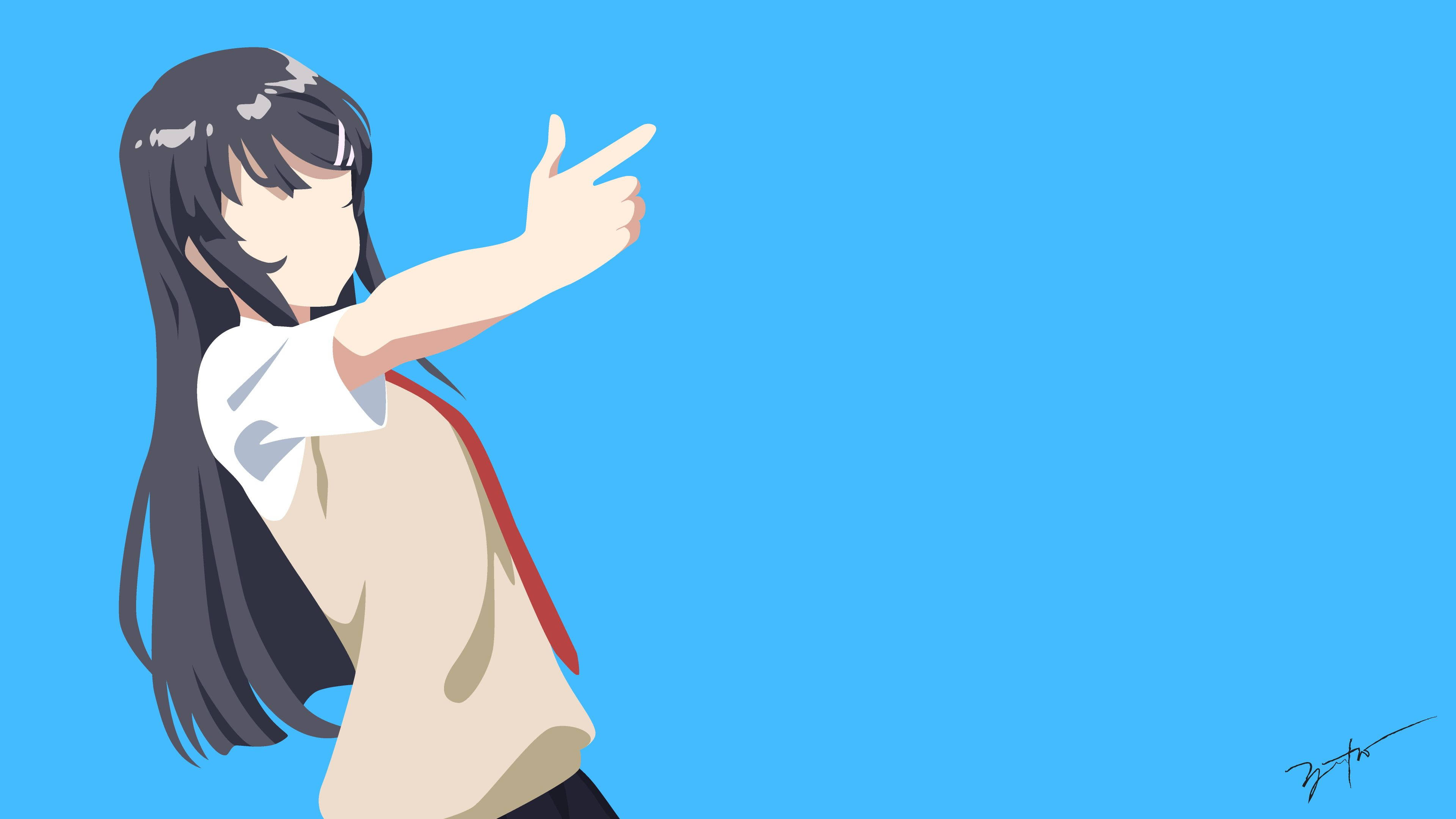 Mai Sakurajima, long dark hair, bright blue background, 4K Desktop Wallpaper