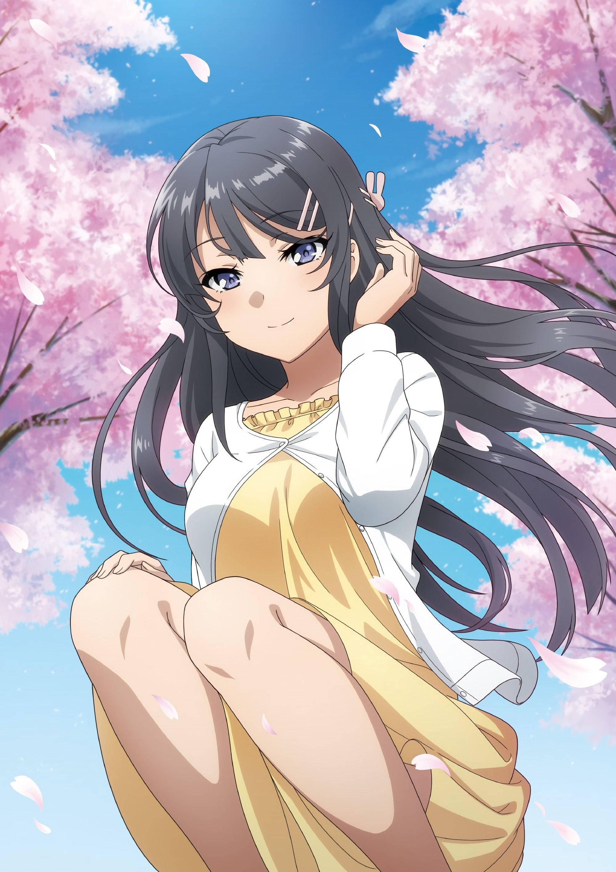 Mai Sakurajima, cherry blossom trees, long dark hair, 2K Phone Wallpaper