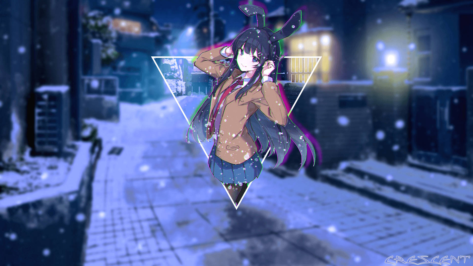 Mai Sakurajima, bunny ears, snowy urban alley, Full HD Desktop Wallpaper