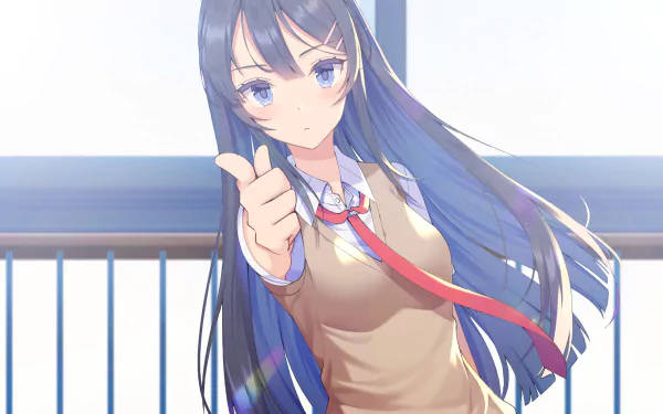 Mai Sakurajima, long blue hair, red ribbon, SD Desktop Wallpaper