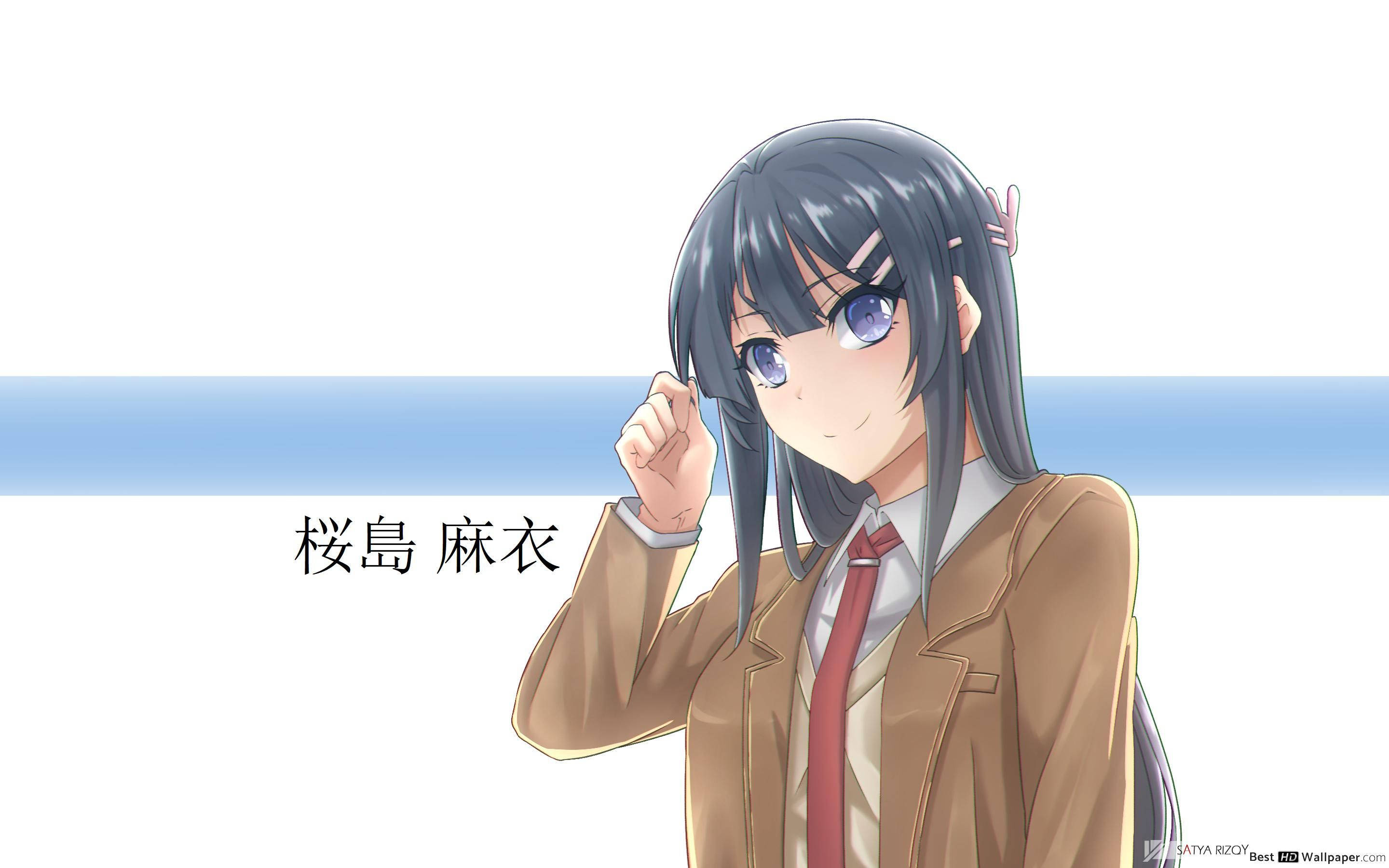 Mai Sakurajima, school uniform, minimalist blue and white background, 2K Desktop Wallpaper