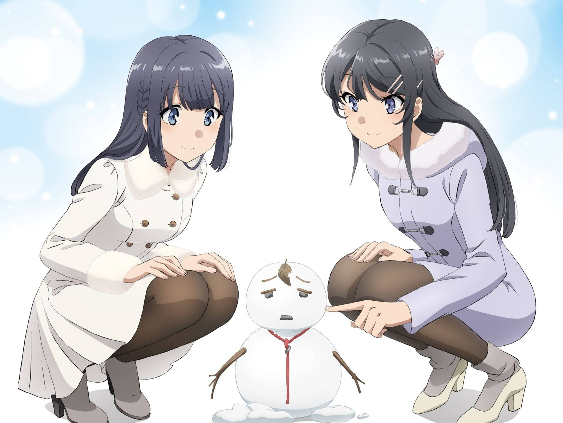 Mai Sakurajima, winter coats, snowman, Full HD Desktop Wallpaper