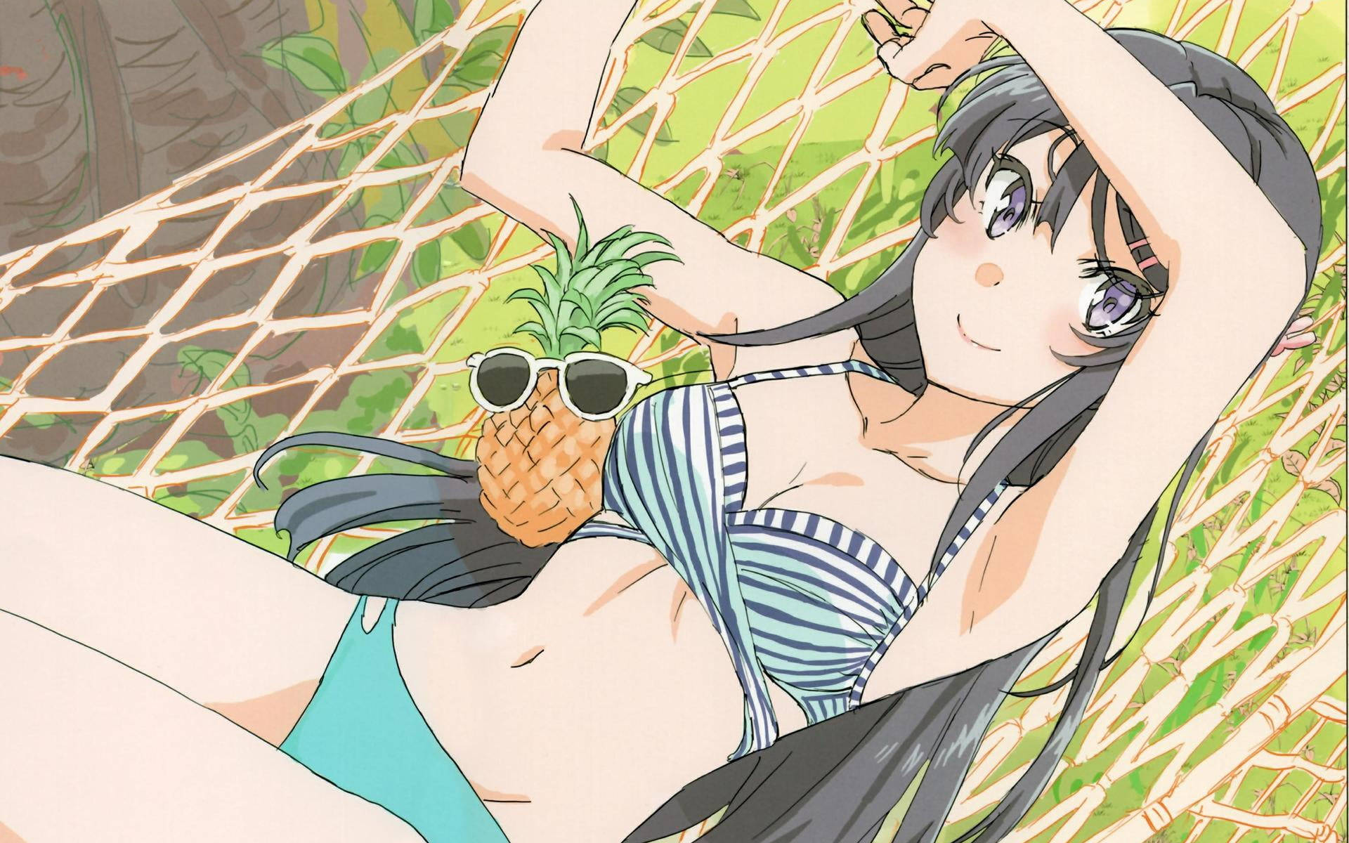 Mai Sakurajima, striped bikini, hammock, Full HD Desktop Wallpaper