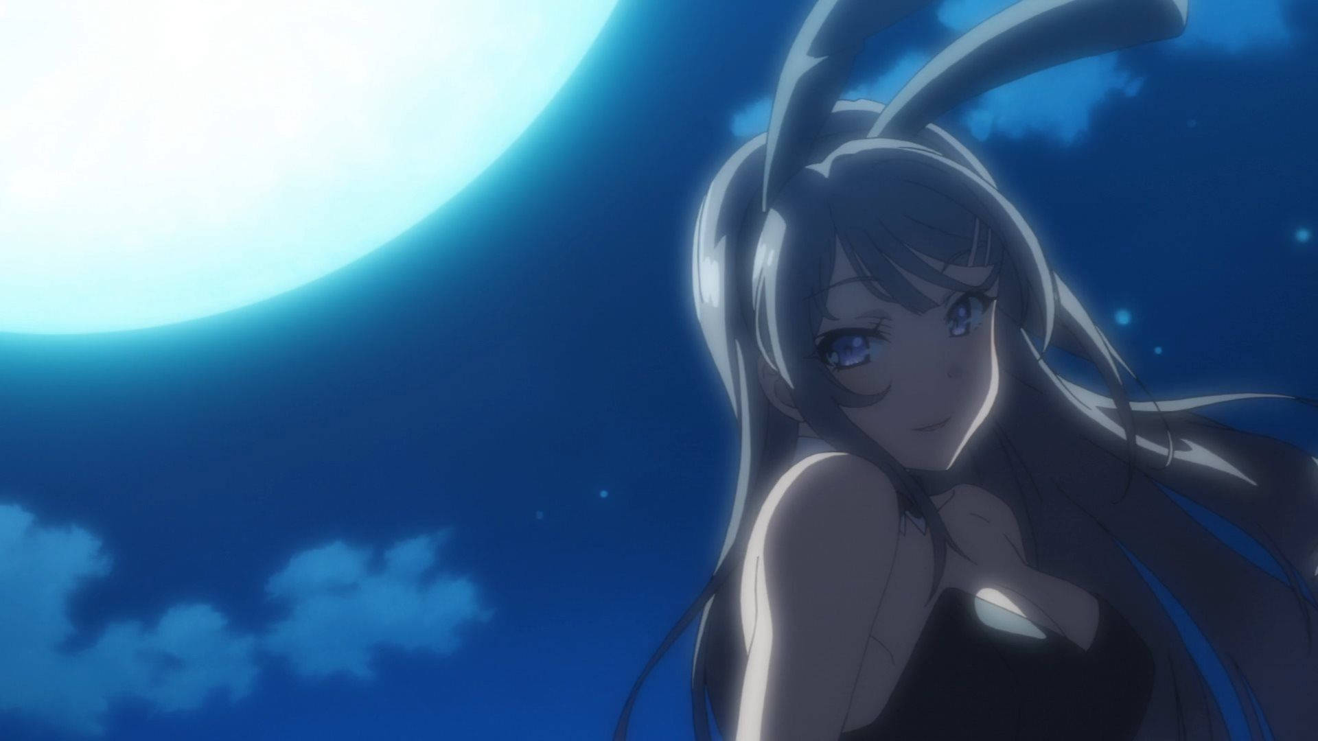 Mai Sakurajima, bunny ears, moonlit sky, Full HD Desktop Wallpaper