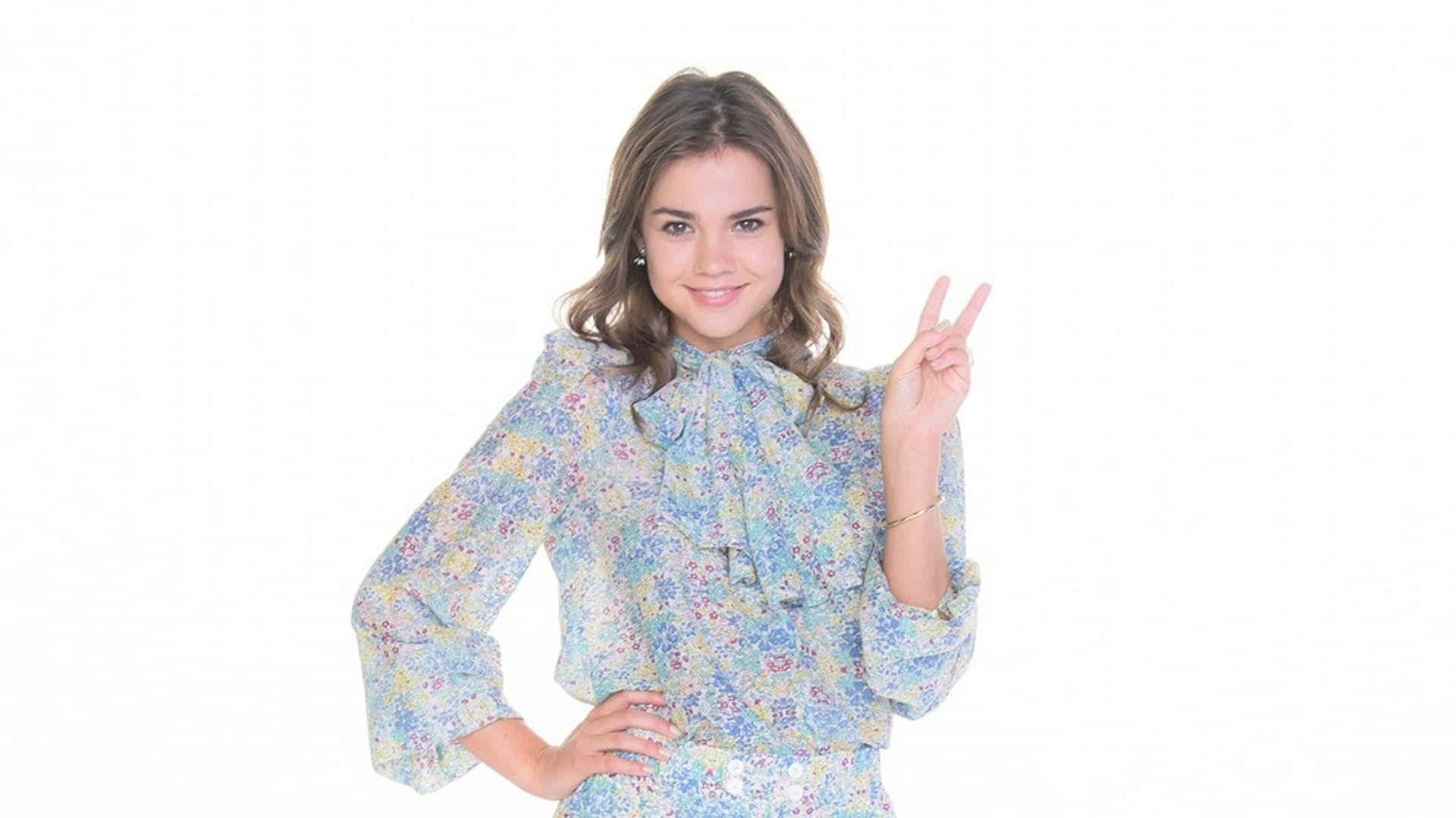 Maia Mitchell, peace sign pose, floral blouse, Full HD Desktop Wallpaper