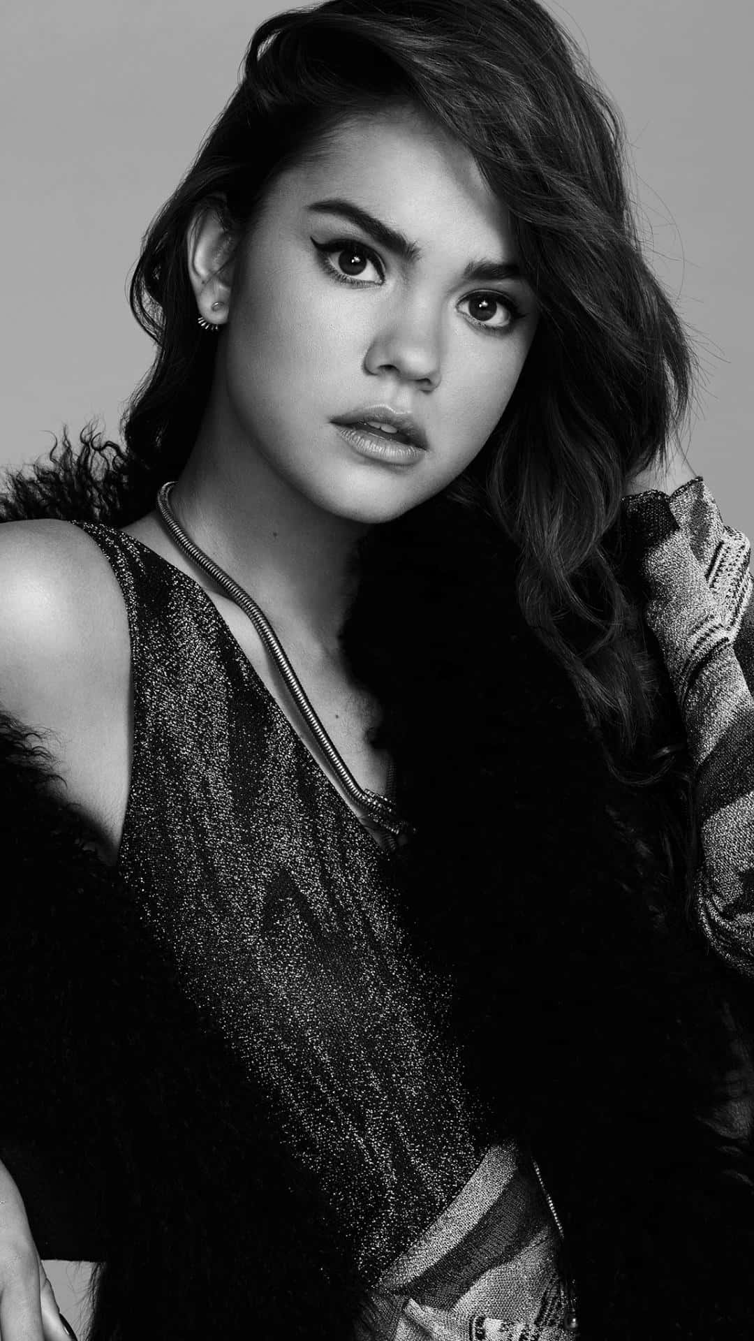 Maia Mitchell, black and white portrait, intense eyes, Full HD Phone Wallpaper