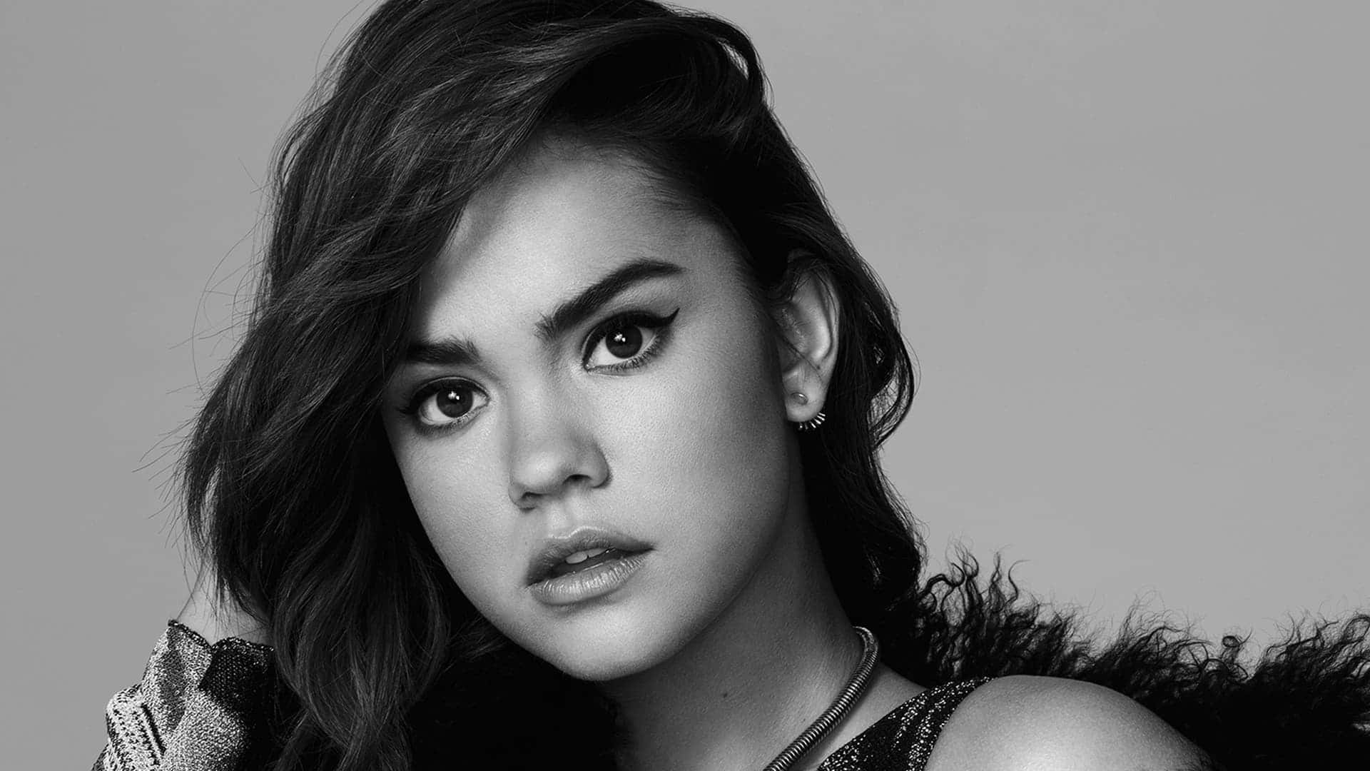Maia Mitchell, intense gaze, black and white portrait, Full HD Desktop Wallpaper