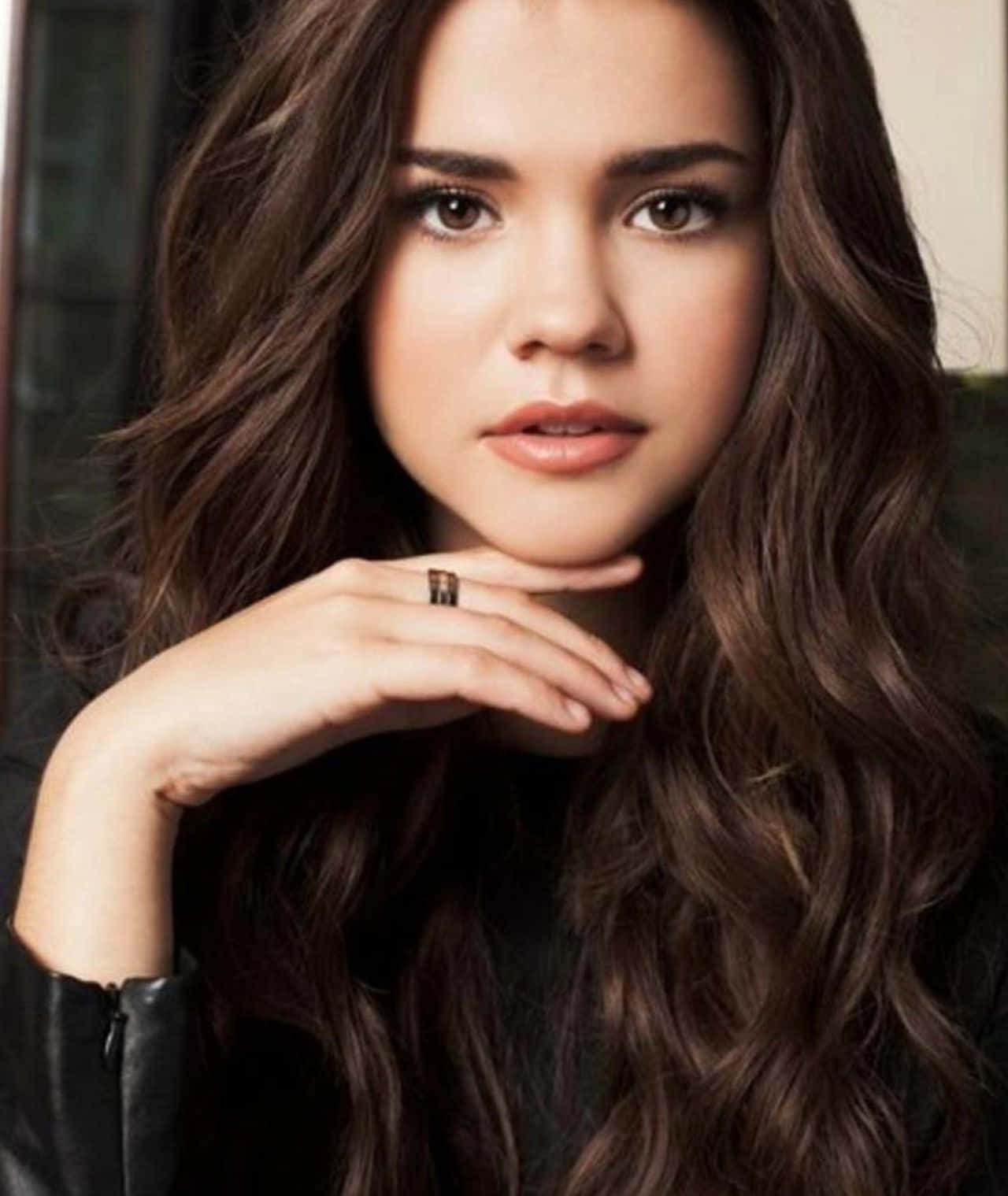 Maia Mitchell, long wavy brown hair, black leather jacket, HD Phone Wallpaper