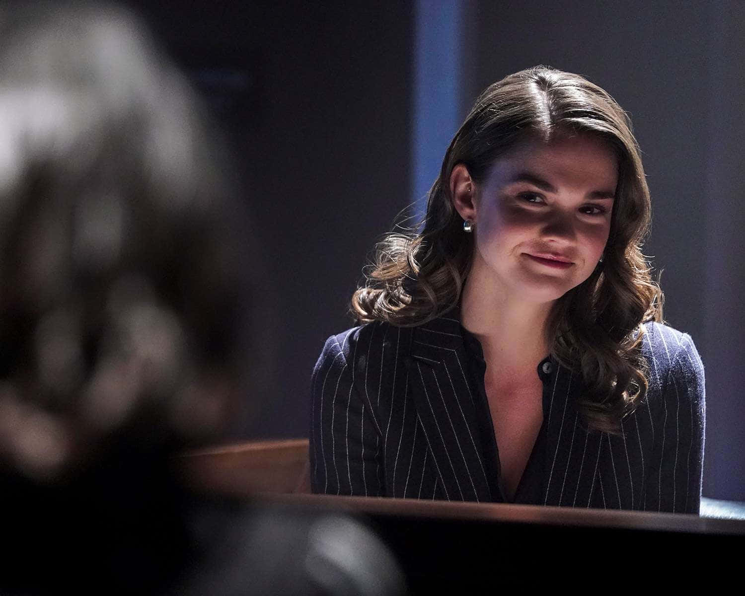 Maia Mitchell, pinstripe blazer, dimly lit room, HD Desktop Wallpaper