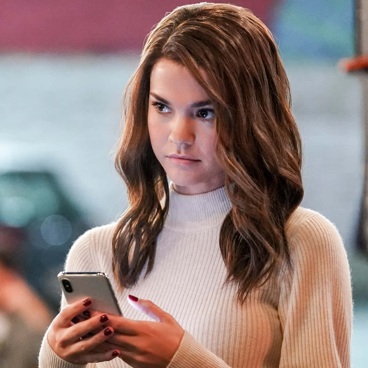 Maia Mitchell, brown hair, cream turtleneck, SD Desktop Wallpaper