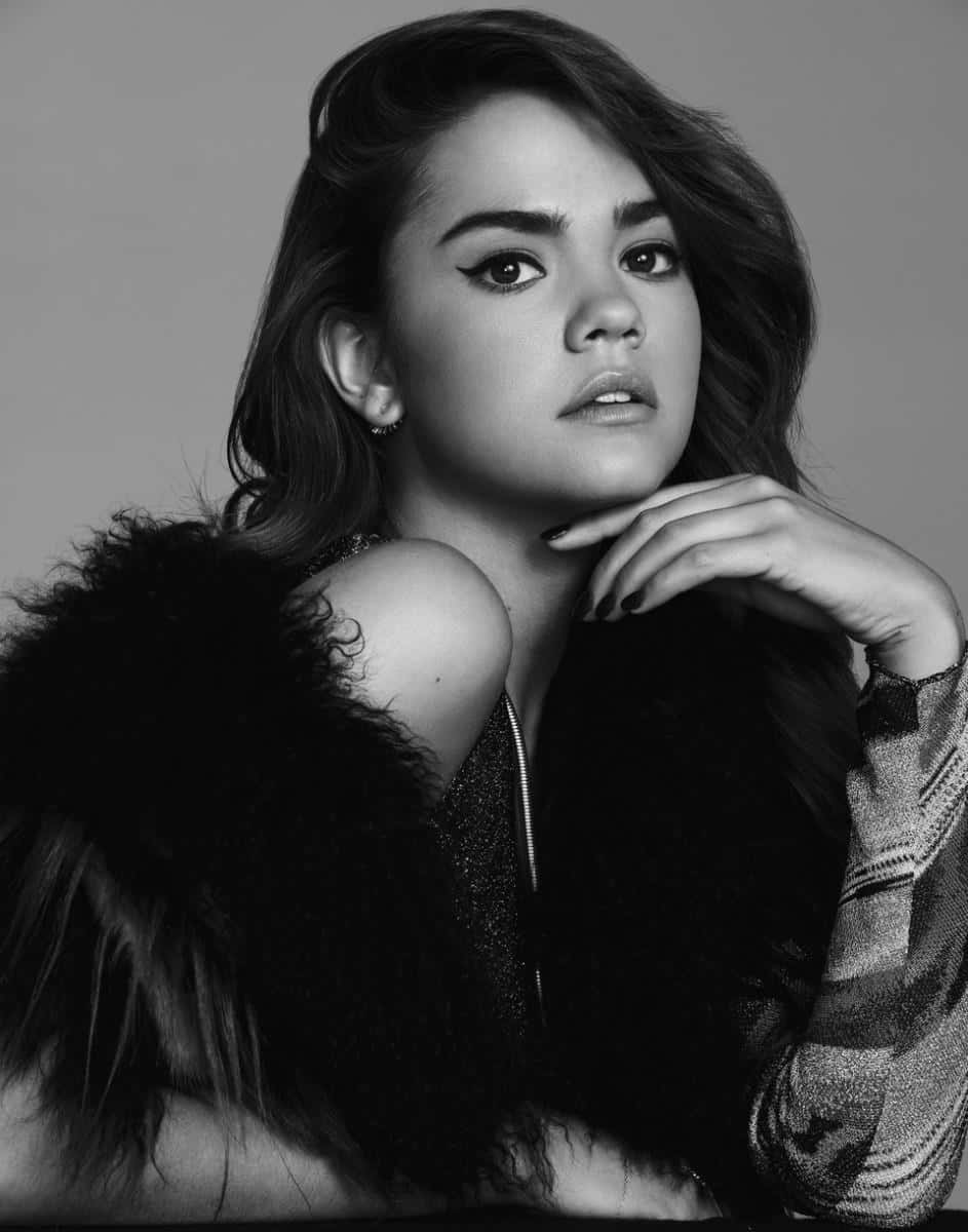 Maia Mitchell, feathered garment, black and white portrait, SD Phone Wallpaper